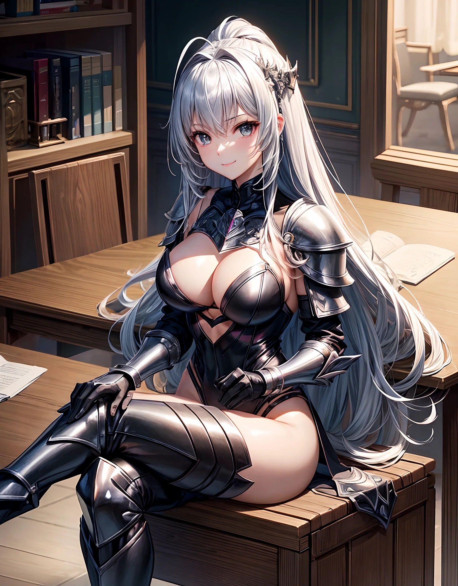 Woman knight、a beauty girl、huge tit、Excellent style、Nice Buddy、glamorous、Black leotard armor、Bra Armor、gauntlets、greave、hair adornments、silber hair、Longhaire、Ahoge、inside in room、desk、a chair、Sitting on a chair、legs crossed、Gentle smile