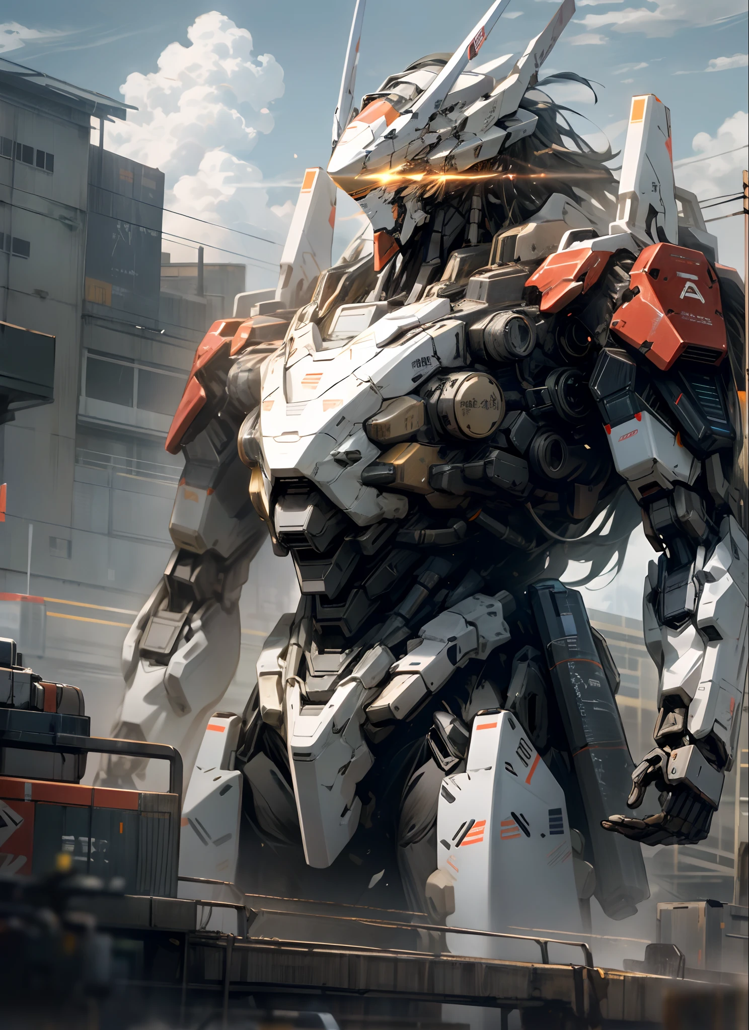 sky, cloud, holding_weapon, no_humans, glowing, , robot, building, glowing_eyes, mecha, science_fiction, city, realistic,mecha