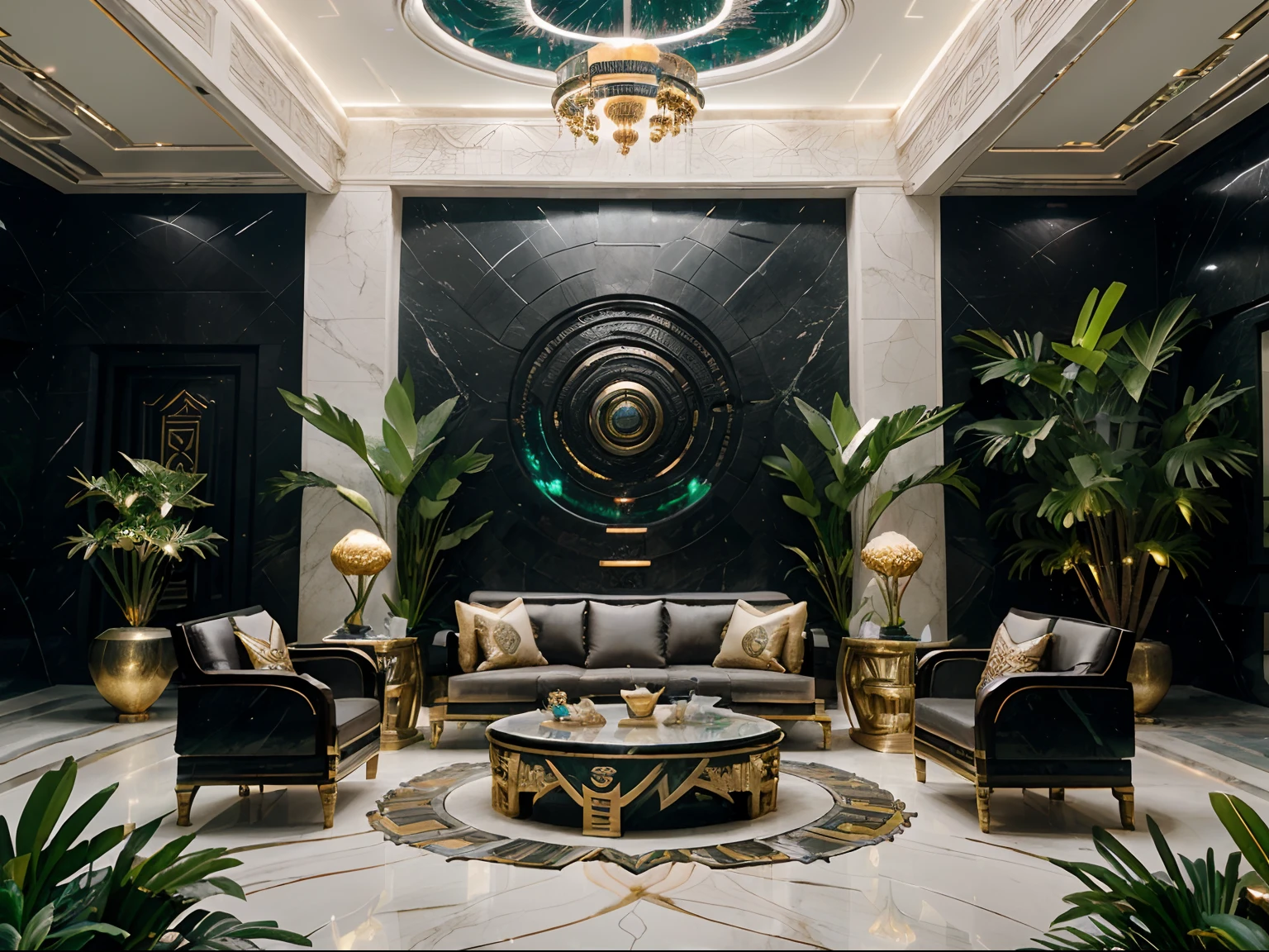 incredible luxurious futuristic interior garden in Ancient Vietnamese style with many ((lush plants)) (lotus flowers), ((palm trees)), rocky walls, (sand), ((amazing waterfalls)), (marble), ((precious minerals)), ((metals)), (gemstones), crystals, clouds and ((water)), futuristic luxury furniture, crocodiles, ((hieroglyphics)), (((ultra luxury))), (black marble) – with ((beautiful lights)), Unreal Engine, HQ, 16k
