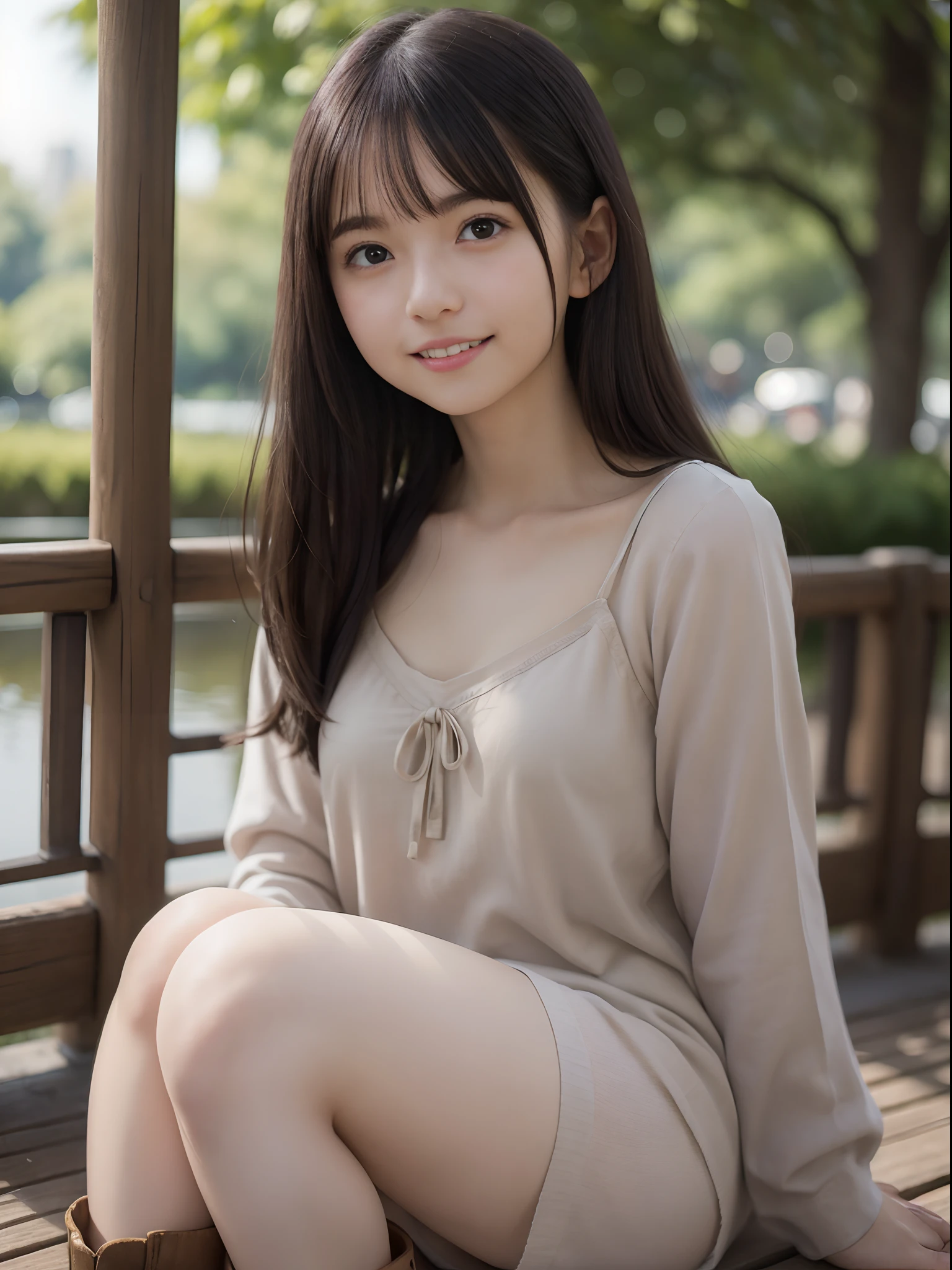 1ung girls, Extremely beautiful, (Extremely cute), (extremely detailed beautiful face), Amazing face and eyes, A dark-haired, Brown eyes, drooing eyes、no-makeup、(Camisole dress) , (Best Quality:1.4), (Ultra-detailed), extremely detailed CG unified 8k wallpaper, A hyper-realistic, (Photorealsitic:1.3), Raw photography, professional photograpy, Cinematic lighting, Realistic portrait, (:1.3), ((Bokeh)), depth of fields, Looking here、17Inokashira Park、Inokashira Pond、das boot)、full body Esbian、little smiling、beauty legs、85ｍM Prime Lens f1.2