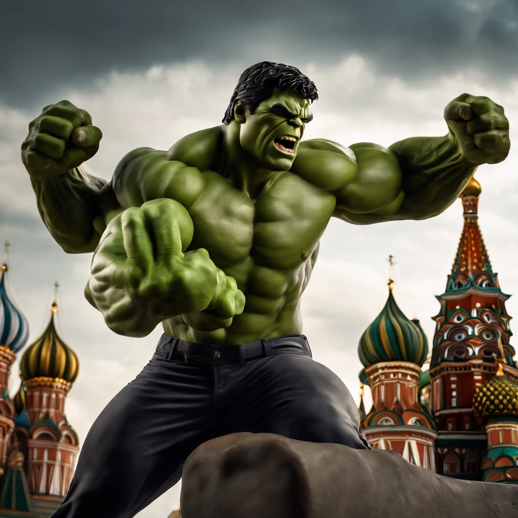 best quality, HDR, ultra-detailed, realistic:1.37, masterpiece:1.2, strong and powerful Hulk, Russian landscape, the Hulk standing tall in front of the iconic Red Square, with detailed muscles and intense expression, vibrant green skin, dynamic pose, the Hulk's massive hands tearing through concrete, dramatic lighting casting shadows on his strong physique, intense colors capturing the energy of the moment, breathtaking scenery in the background, showcasing the beauty of Russia.