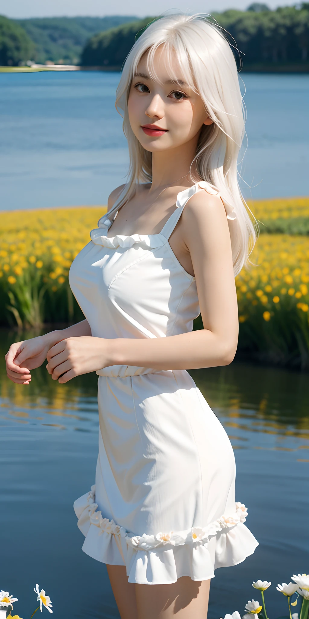 1 woman, adult woman, woman in her 30s, tarankaaa, NOT DASHA TARAN, full body standing, full body head to feet, perfect body, best quality, 32k, photograph, full body (head to toe), tone mapping, ((houjou satoko, short hair, blonde hair, violet eyes, hair between eyes)), ((wearing a white dress, one piece dress ,black hairband, she is wearing very detailed fashion dress,short sleeves)), ((mid sized breasts,athletic, skinny, accentuated hips and waist)), asian-european, (mouth wide open: laughing hard joyful expression, amazingly beautiful grin, her teeth are visible and perfect, perfect laughter, squinty eyed smile) ((golden blonde hair, short hair, purple eyes)) perfectly drawn hands, ((masterpiece)), ((highres)), ((detailed background)), japanese village background, next to a river, (big proportions), cute pose, beautiful smile, ((perfect eyes, detailed eyes, realistic eyes)), ((sharp face, detailed face, realistic face, natural skin, realistic skin, detailed skin, pores)), (real wider legs, truly wider arms)