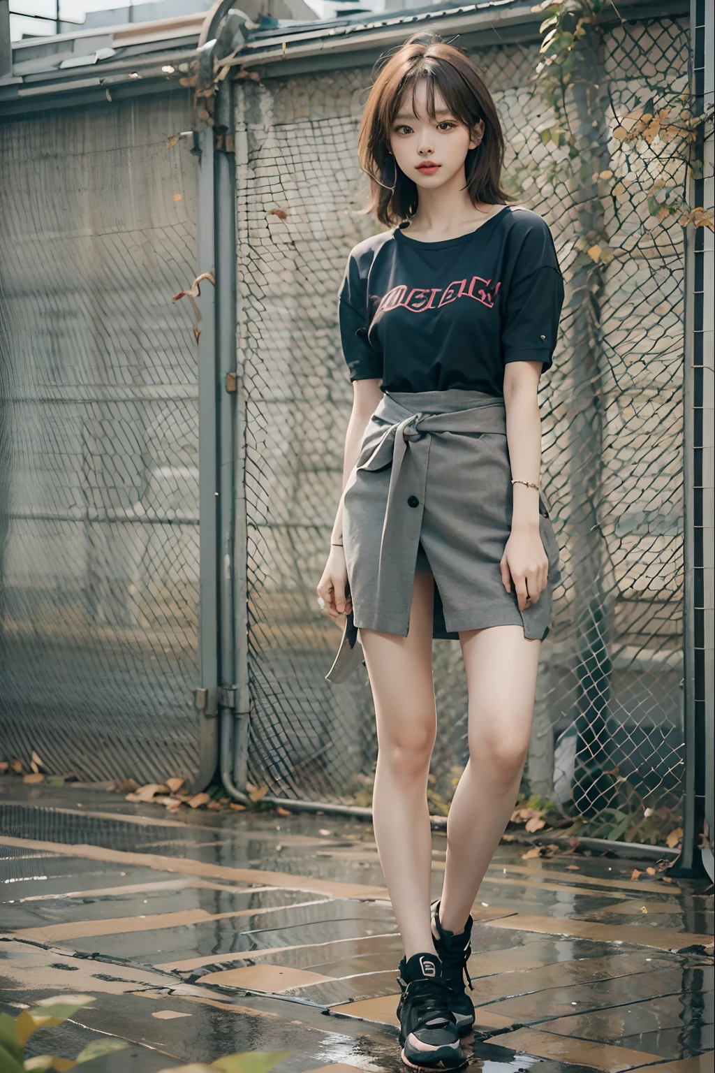 Top image quality、Raw photography、超A high resolution、An 18-year-old woman、Shooting for one person only、modelshoot、Autumn outfit、Fashionable clothes、student clothes、Beautiful Eyes of Details、very elongated eyes、Beautiful eyelashes、Beautiful double eyelids、very slender legs、Shorthair with light brown hair、very slender physique、Gray walls