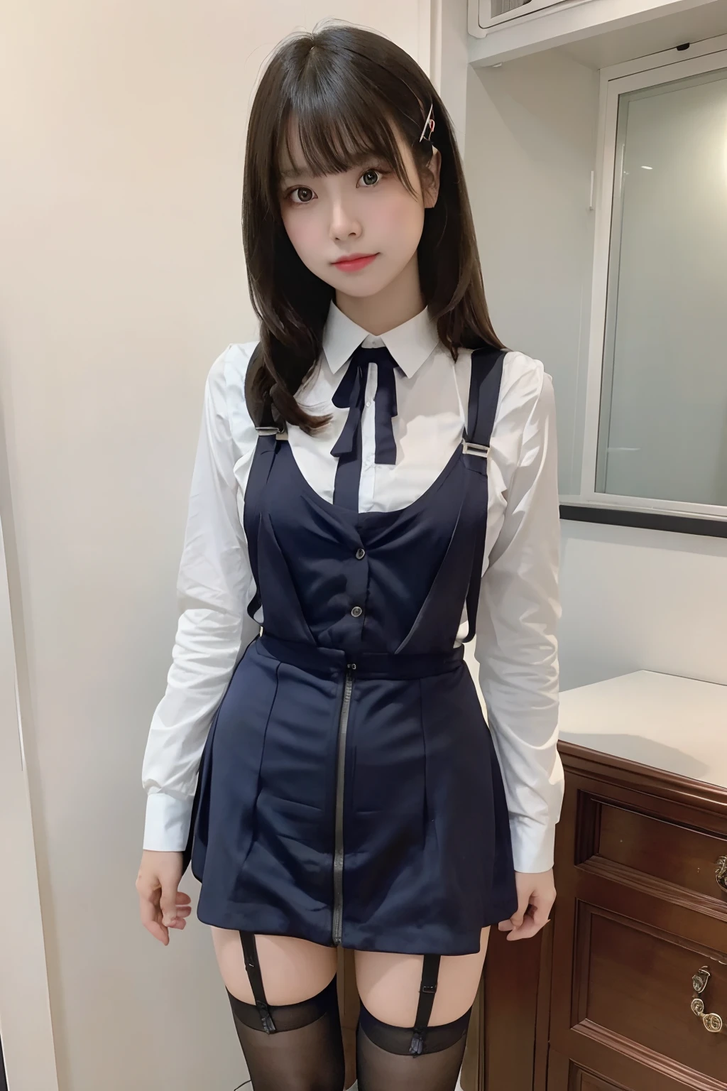 masterpiece、top-quality、The ultra -The high-definition、、colourfull、flat-colors、depth of fields、lens flare 1 girl、、A dark-haired、watching at viewers、Schools、Classroom、a miniskirt、Detailed feel、Detailed Cloth Texture、beautifull detailed face、beauty of 30 years old、Adult atmosphere、Pubic hair shows through garters Stockings large full breasts suspenders is standing glares knee high Niso knee high socks