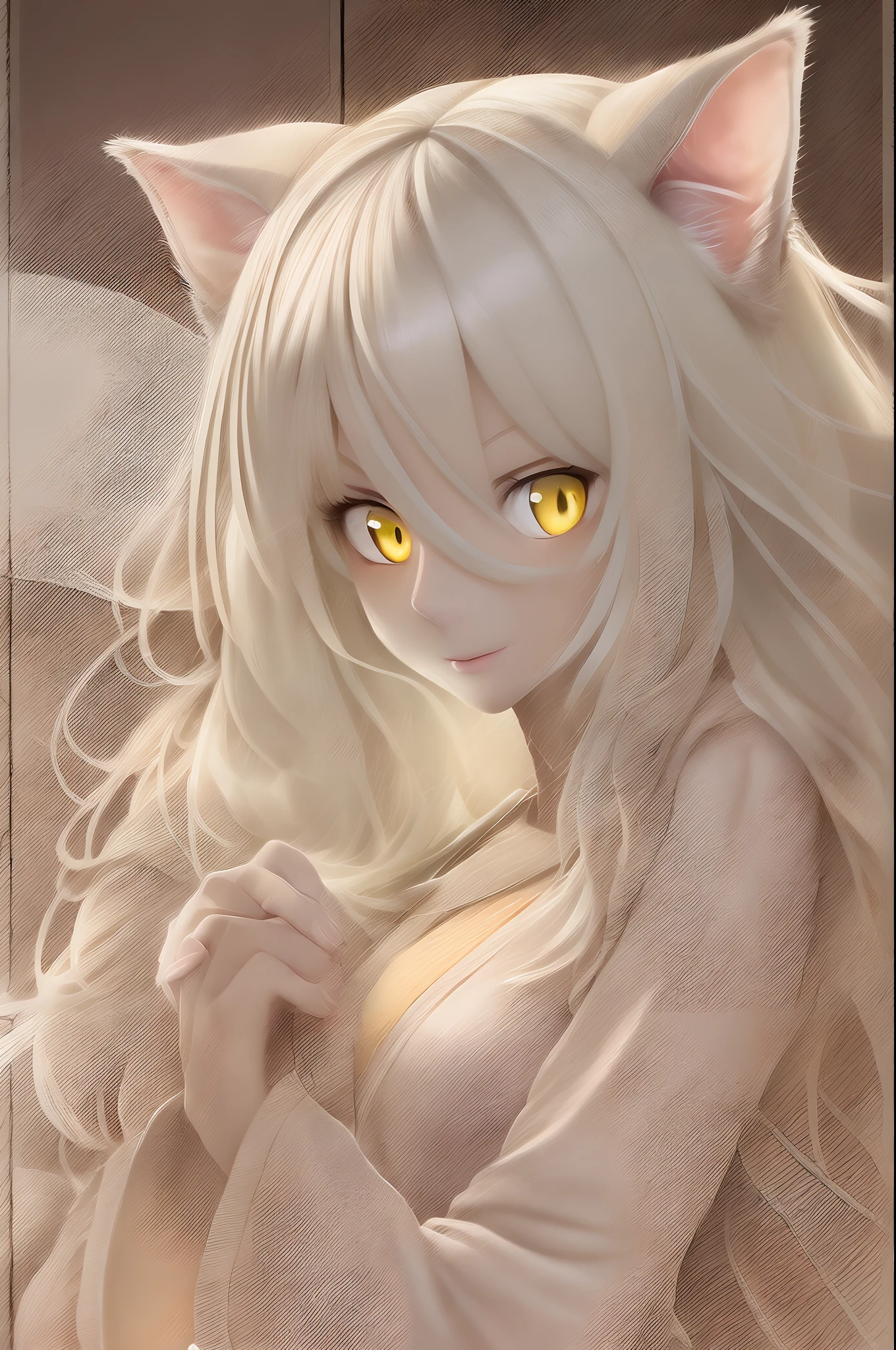 Anime White Cat Eared Woman,yellow  eyes, nightgown,White hair