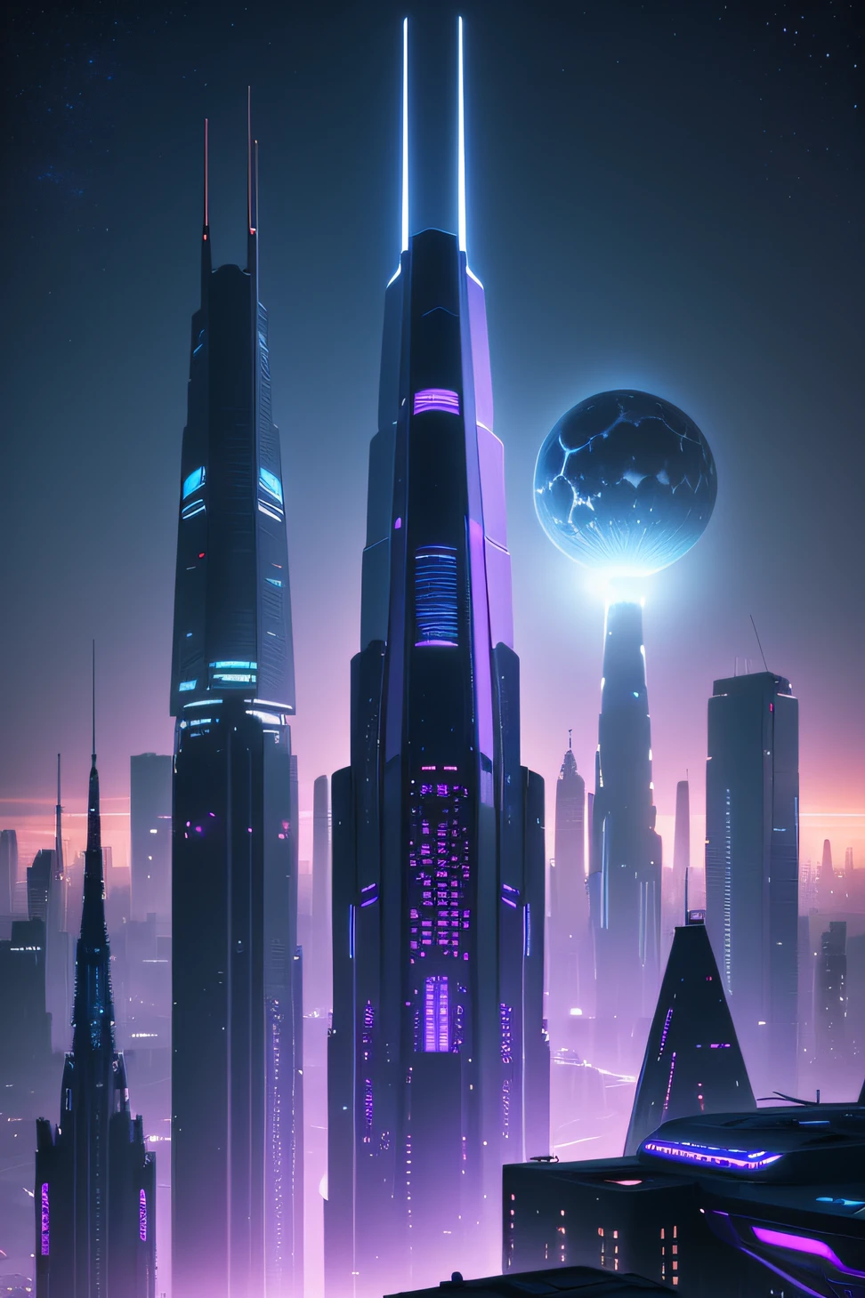 Create an artistic futuristic landscape image with shades of blue and purple, featuring a high-tech city lit by fluorescent lights. Make sure there is a bright moon in the starry sky and flying vehicles passing over the skyscrapers. The image must exude a soothing and advanced science fiction atmosphere. Generate it with the greatest level of detail and realism possible