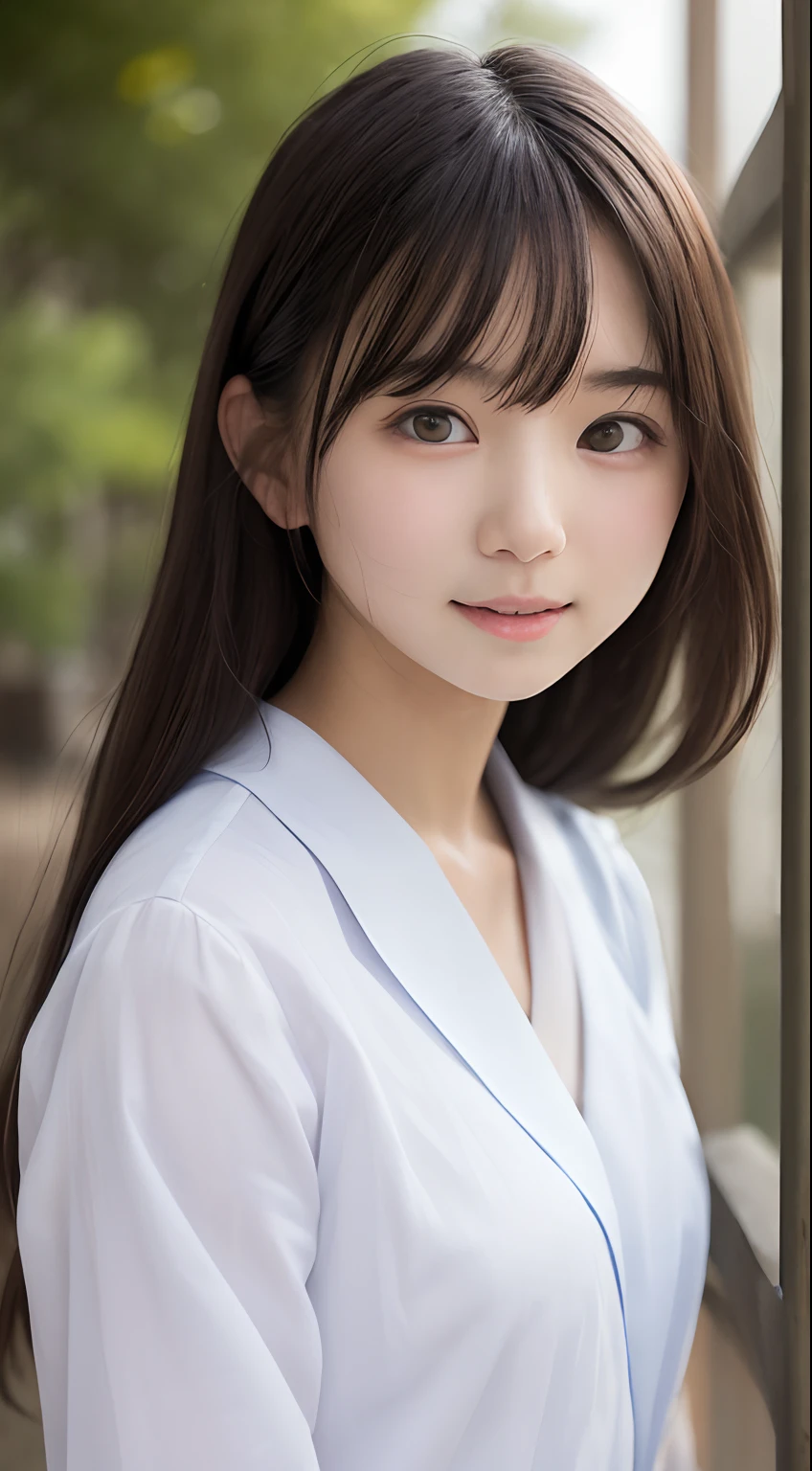 masutepiece, Best Quality, 8K, 10yaers old, Teen, Raw photo, absurderes, award winning portrait, Smile, Solo, Idol face, Delicate girl, Upper body, Digital SLR, Looking at Viewer, Candid, Sophisticated, Thin arms, Professional Lighting, Film grain, chromatic abberation, (Eyes and faces with detailed:1.0), (Bokeh:1.1) , Distant view Abandoned house , closes mouth , Sailor Uniform , A dark-haired , tiny chest