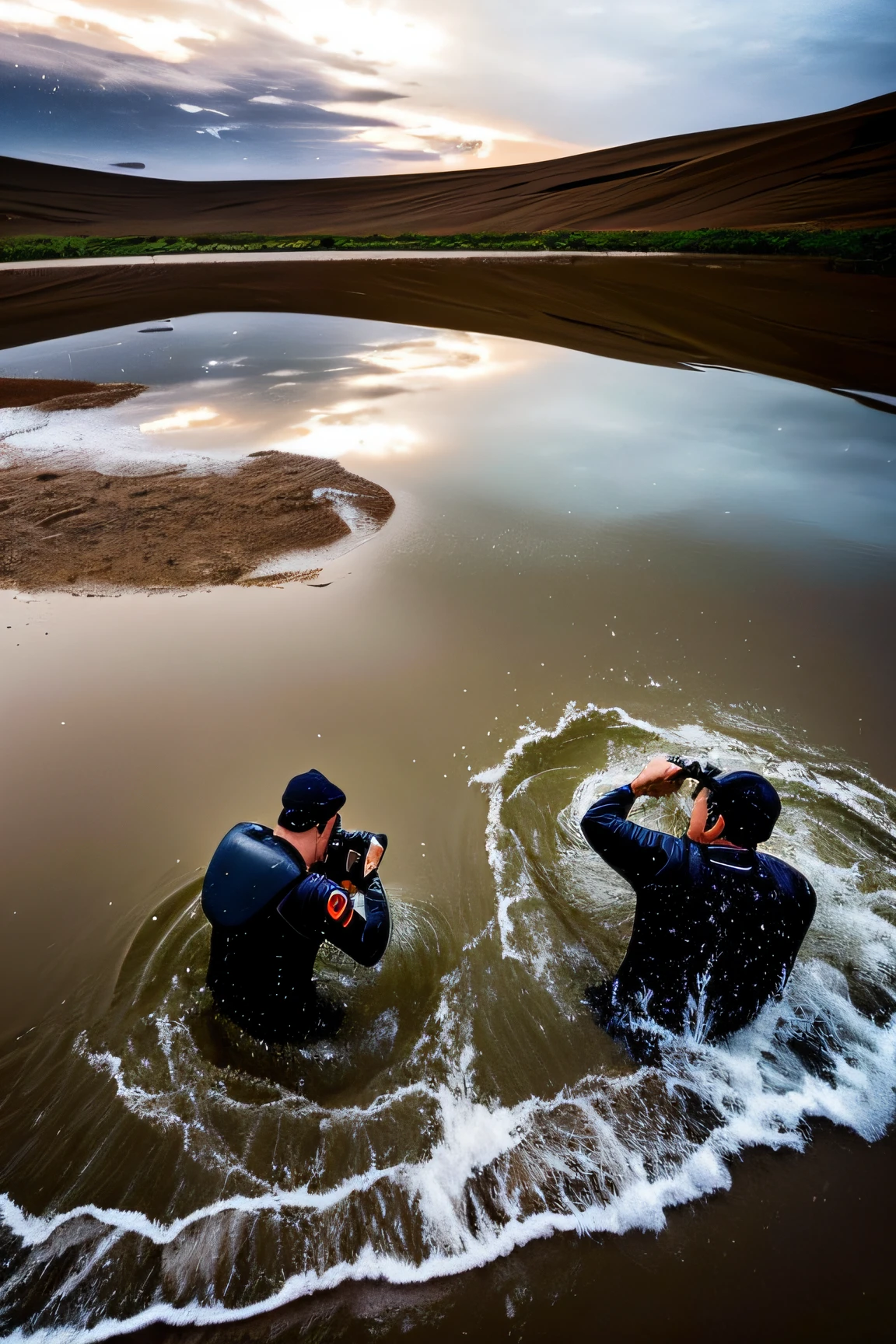 a couple of men are in the water with a camera, world press photo awarded, world press photo, national geographic photo award, national geographic photo shoot, sony world photography awards, national geographic photography, 8k award-winning photograph, national geographic photo, 8 k award - winning photography, raining award winning photo, lpoty, dramatic action photography, award-winning shot