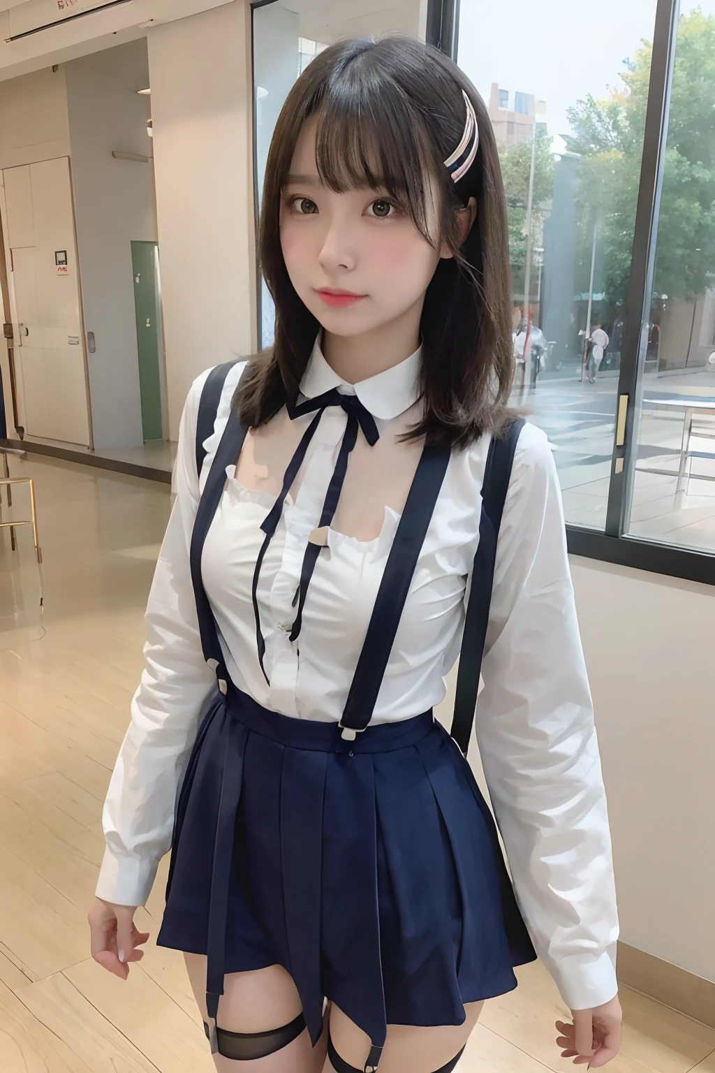 ​masterpiece、top-quality、The ultra -The high-definition、、colourfull、flat-colors、depth of fields、lens flare 1 girl、、A dark-haired、watching at viewers、Schools、‎Classroom、a miniskirt、Detailed feel、Detailed Cloth Texture、beautifull detailed face、beauty of 30 years old、Adult atmosphere、Pubic hair shows through　garters　Stockings　large full breasts　suspenders　is standing　glares　knee high　Niso　knee high socks