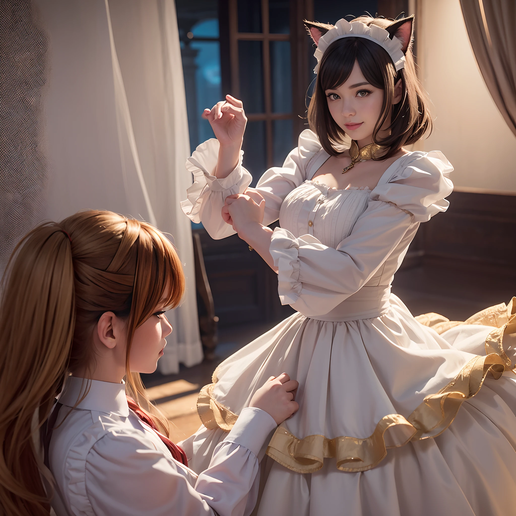 (girl cartoon illustration:1.3, highly detailed cat ears, highly detailed cat tail:1.3, Highly detailed beautiful frills maid clothes), Very fine and beautiful red shortcut hair, Very detailed and beautiful golden eyes, break, extraordinary masterpiece, Highest quality:2, Detail description: 1.3, v-ray rendering:1.3, octane rendering:1.3, convey emotions Portrait, Light and shadow, cinematic lighting, Catchlight Eyes:1.3, color harmony, break, dynamic action, dynamic pose, detailed grassland, shy smile,
