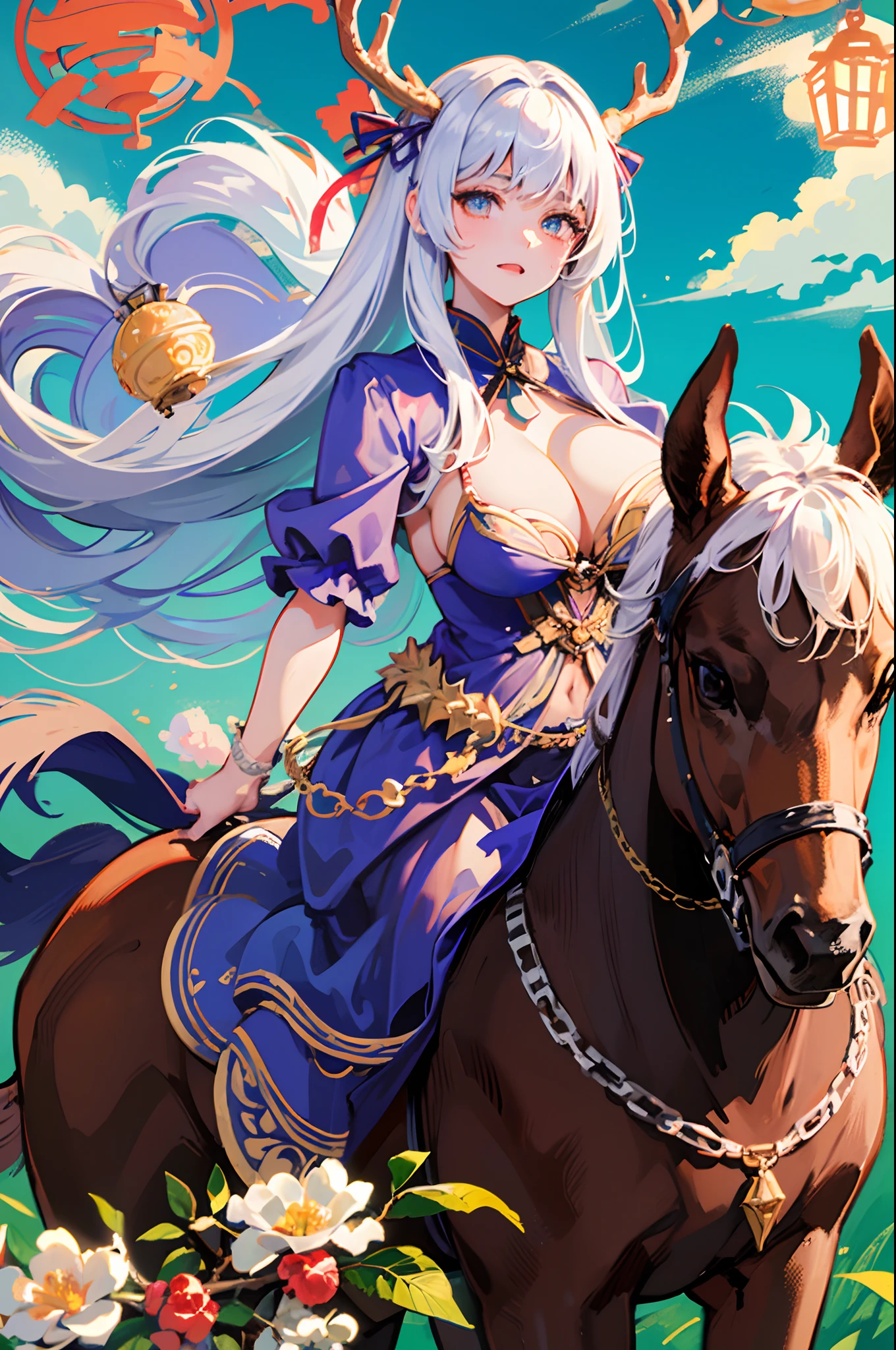 (masterpiece), (best quality), 8k resolution, 1girl, Asian girl, stunning beauty, perfect face, big breast, mature female, 20yo, sexy, deer ear, huge deer horns, long hair, white hair, riding a deer, simple background, full body, deer body, white flowers at background
