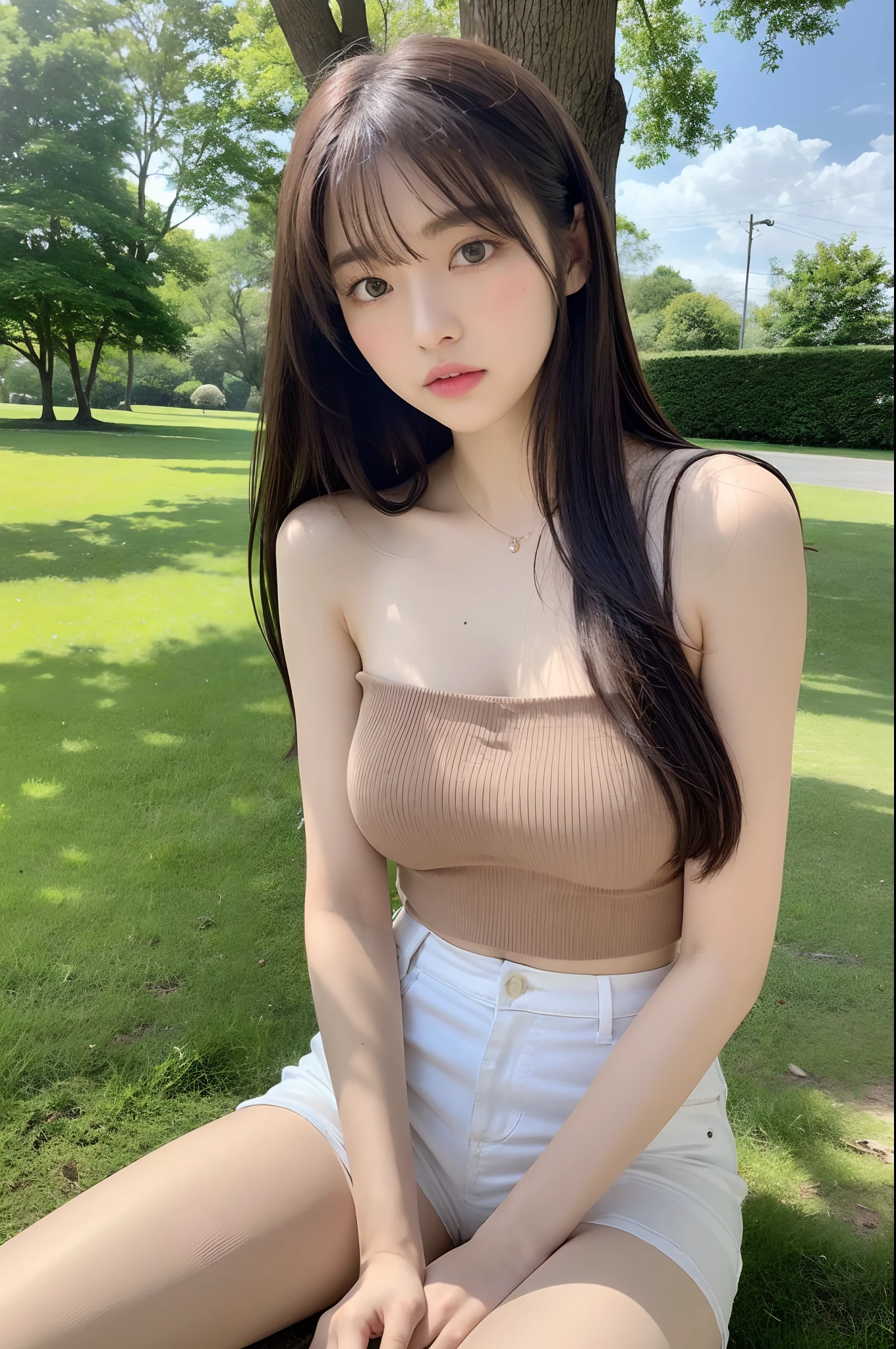 8K, Best Quality, masutepiece, Highly detailed, reallistic, girl with,  20 years old, game_nffsw,  long dark brown hair with bangs,,,,,Curly hair, Green eyes, Black Japanese style cut clothes, White shorts, Wear ultra-realistic pantyhose、Bare shoulders, make - up、golden details, Cold expression, Battle Scenes, Outdoors, Park in the background, lots of trees々And the bright sky、Sitting on the lawn、Sitting,