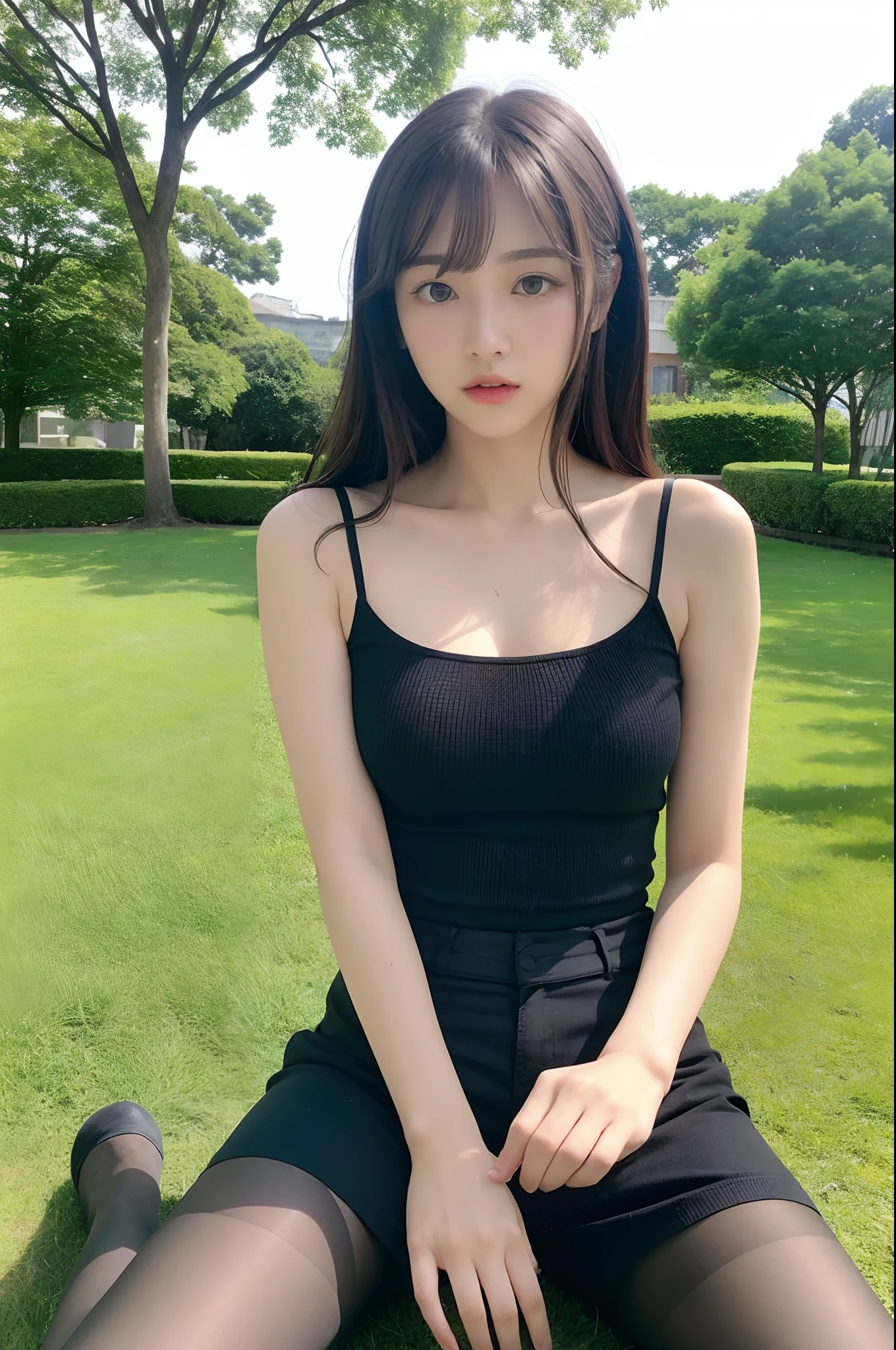 8K, Best Quality, masutepiece, Highly detailed, reallistic, girl with, 20 years old, looking hand, long dark brown hair with bangs,,,,Curly hair, Green eyes, Black Japanese style cut clothes, White shorts, Wear ultra-realistic pantyhose、Bare shoulders, make - up、golden details, Cold expression, Battle Scenes, Outdoors, Park in the background, lots of trees々And the bright sky、Sitting on the lawn、Sitting,