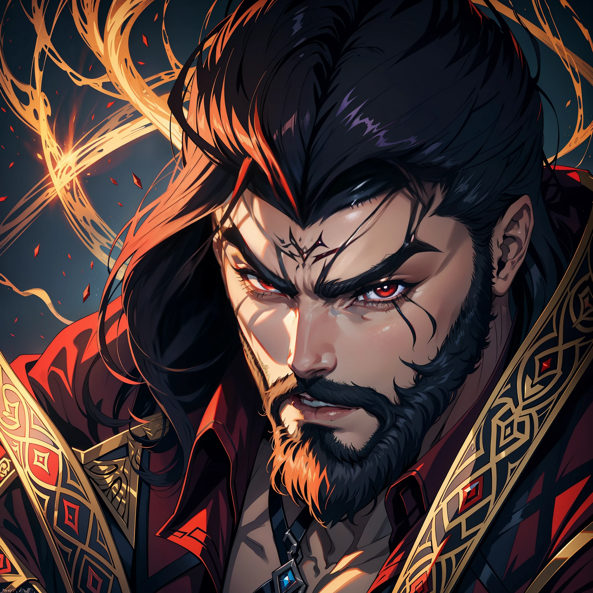 Castlevania Shadow Lord of the shadows hyper realistic super detailed face portrait of handsome muscular lord with fierce beard dracula look crystal bright red beautiful face portrait face beautiful male