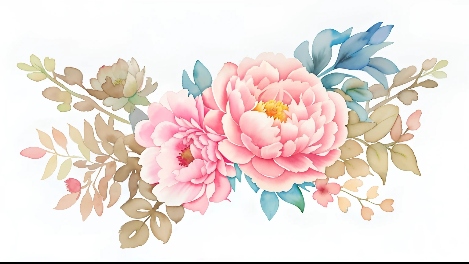there is a watercolor painting of a pink flower with green leaves, watercolor painting style, watercolor illustration style, watercolor style, chinese watercolor style, high quality watercolors, flower, peony flowers, peony flower, watercolor artstyle, 2 5 6 x 2 5 6, 256x256, watercolor illustration, flower background, surrounded flower, watercolored