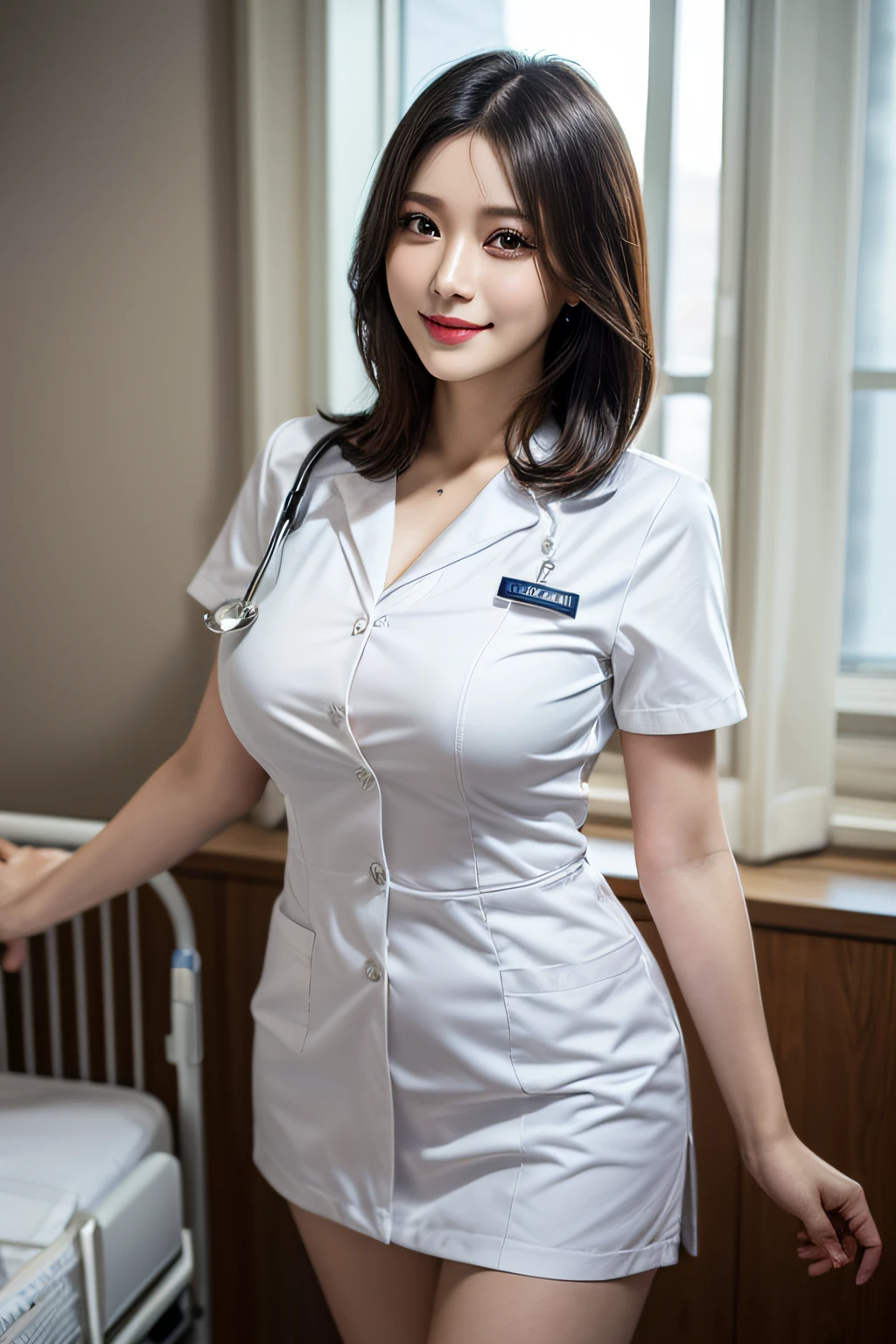 (1 Ultimate Beautiful Mature Nurse)、hyperdetailed face、Detailed lips、detailed eyes、double eyelids、((Black bob hair))、(nurse's uniform:1.3)、(Glamorous body)、(Huge breasts)、smile、thighs thighs thighs thighs, Perfect fit, Perfect image realism, Background with: (Hospital Patient Rooms:1.2), Cowboy Shot, 细致Background with, detailed costume, Perfect litthing、Hyper-Realism、(Photorealsitic:1.4)、8K maximum resolution, (​masterpiece), highly detailed, Professional