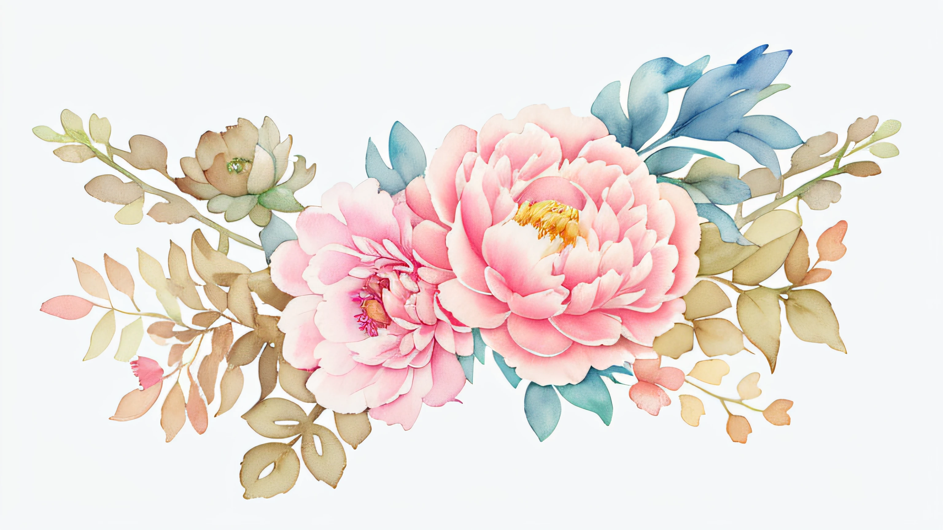 there is a watercolor painting of a pink flower with green leaves, watercolor painting style, watercolor illustration style, watercolor style, chinese watercolor style, high quality watercolors, flower, peony flowers, peony flower, watercolor artstyle, 2 5 6 x 2 5 6, 256x256, watercolor illustration, flower background, surrounded flower, watercolored