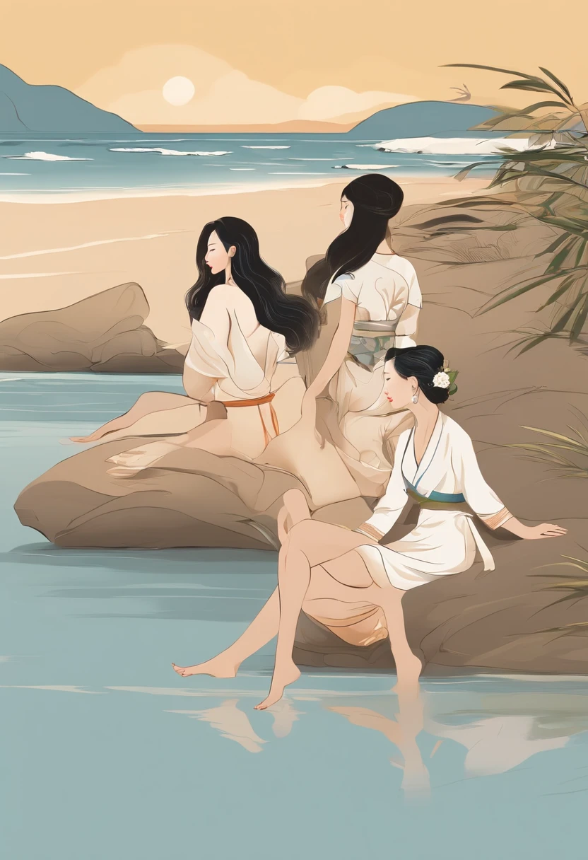 A Chinese person sitting next to a Korean and a Japanese the 3 women are superb and have beautiful shape at the beach