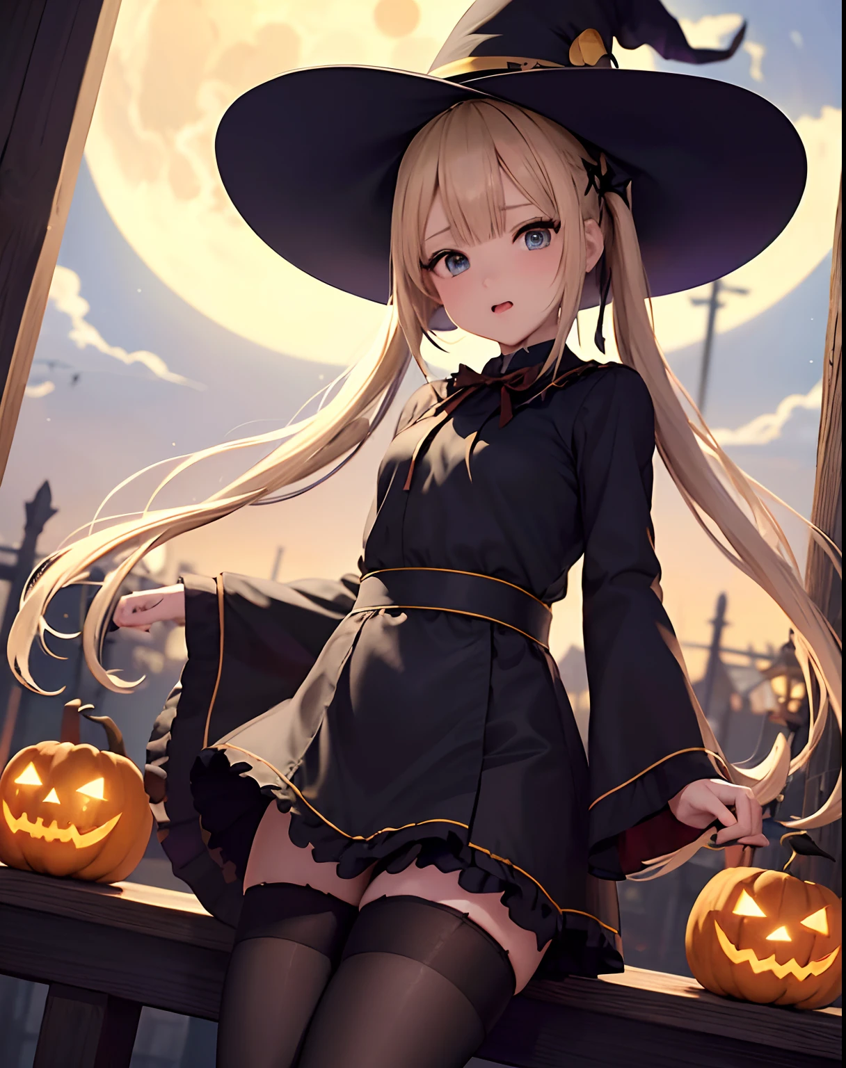 masterpiece、hiquality、1girl in、独奏、Marie Rose、cowboy shot、embarassed expression、(((witch clothing)))、((long robe))、((pantyhose))、(long boots)、natta、Pumpkin Lantern、((a miniskirt))、fullmoon