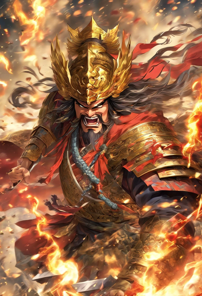 Card design，1male people，Three Kingdoms killing style:1.2，Ancient Chinese background，A meticulous face，Clear face，Full body like，Shogun，Armor，Card background、对称，High picture quality，tmasterpiece，best qualtiy，超高分辨率