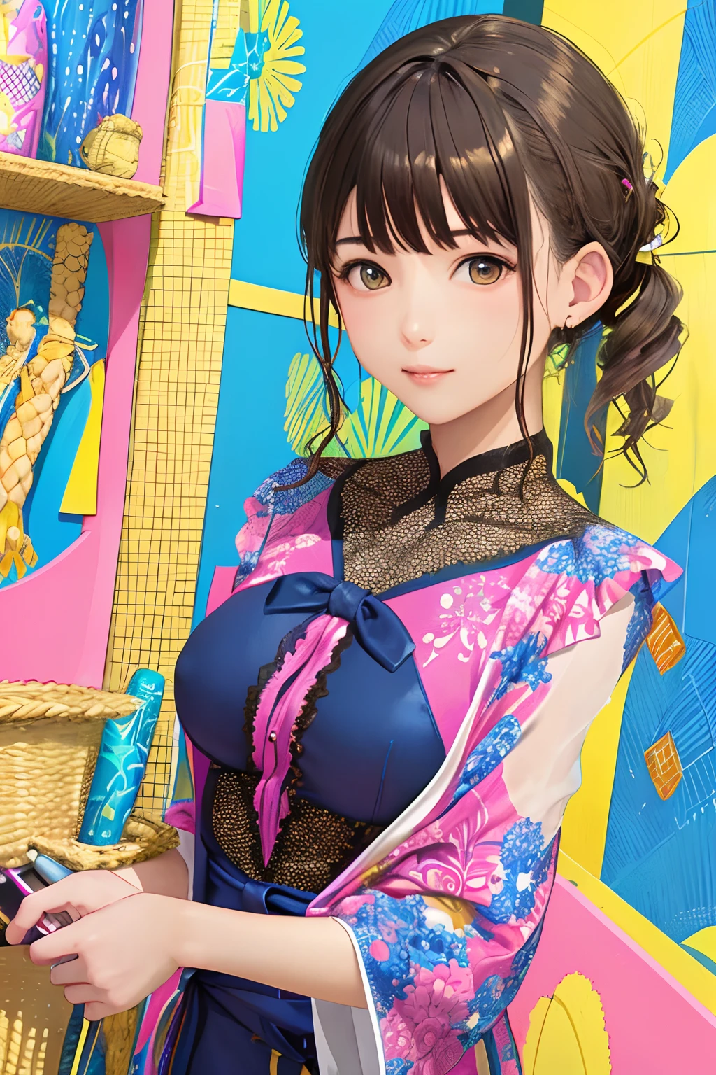 (masterpiece、top-quality、hight resolution、Official art、Beautifully Aesthetic:1.2)、(One girl:1.3)、A highly detailed、(Photorealsitic:1.4), (◯◯Color hair:1.2), ((a pixie cut)), (Perfect hairstyle:1.4), (Fractal Art:1.1)、Realistic, (colourfull:1.1), (florals:1.3)、The most detailed、highestdetailed, A hyper-realistic, 3D顔, (Zentangle:1.2)、(Dynamic Poses)、(Abstract background:1.3)、(Dress well:1.2)、(shinny skin)、(Many colors:1.4)、、(耳Nipple Ring:1.4)