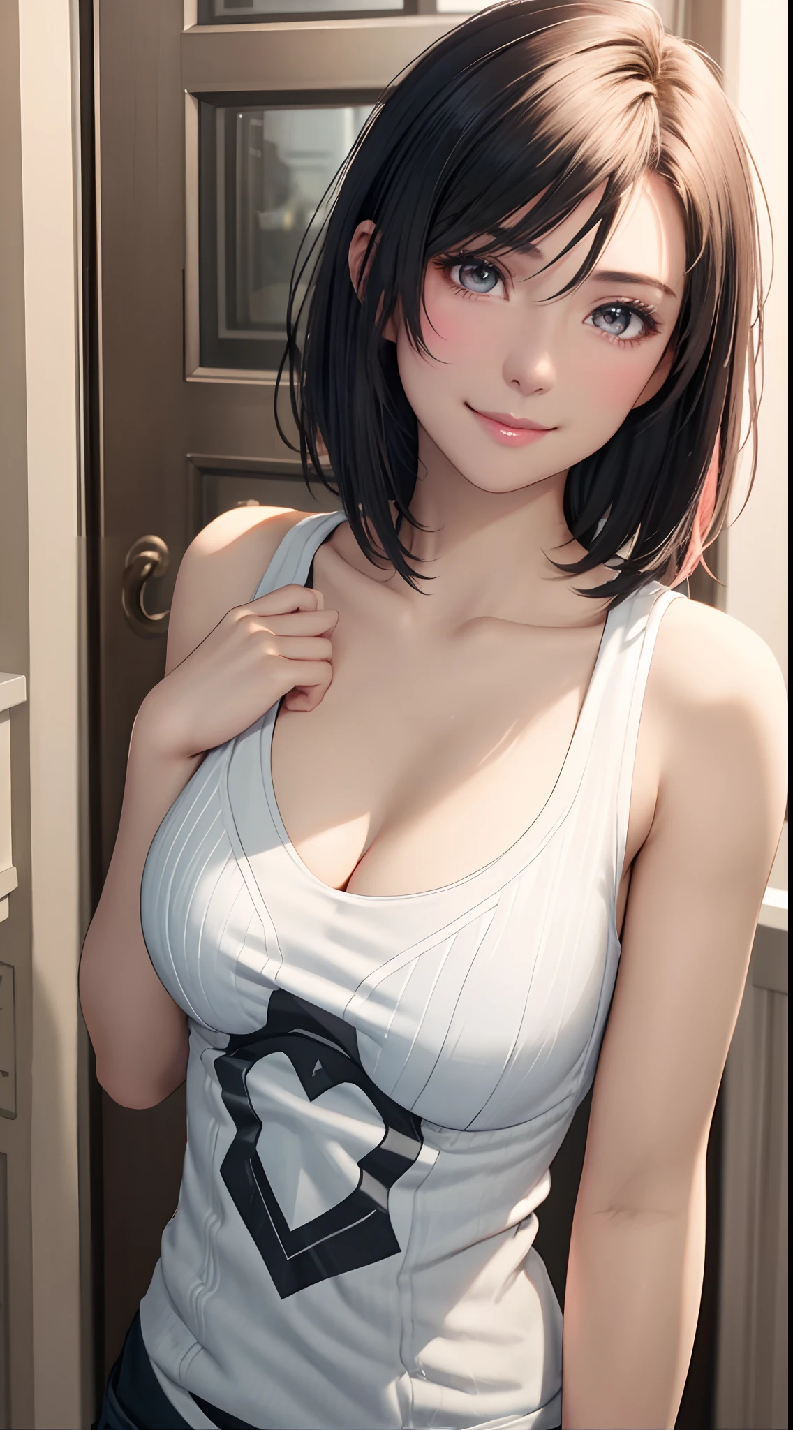 Best Quality, Ultra High Resolution, (Photorealistic: 1.4), Beautiful Eyes, Super Beautiful, Very Short Hair, Beautiful, Sweetheart, T-shirt with Rough Chest, Beautiful Soldier, Eyes That Invite Viewer, Lover's Perspective, Inviting Expression, Sexy Smile, Perfect Style, Perfect Balance, Detailed Skin, Naughty Gaze, Chest Visible