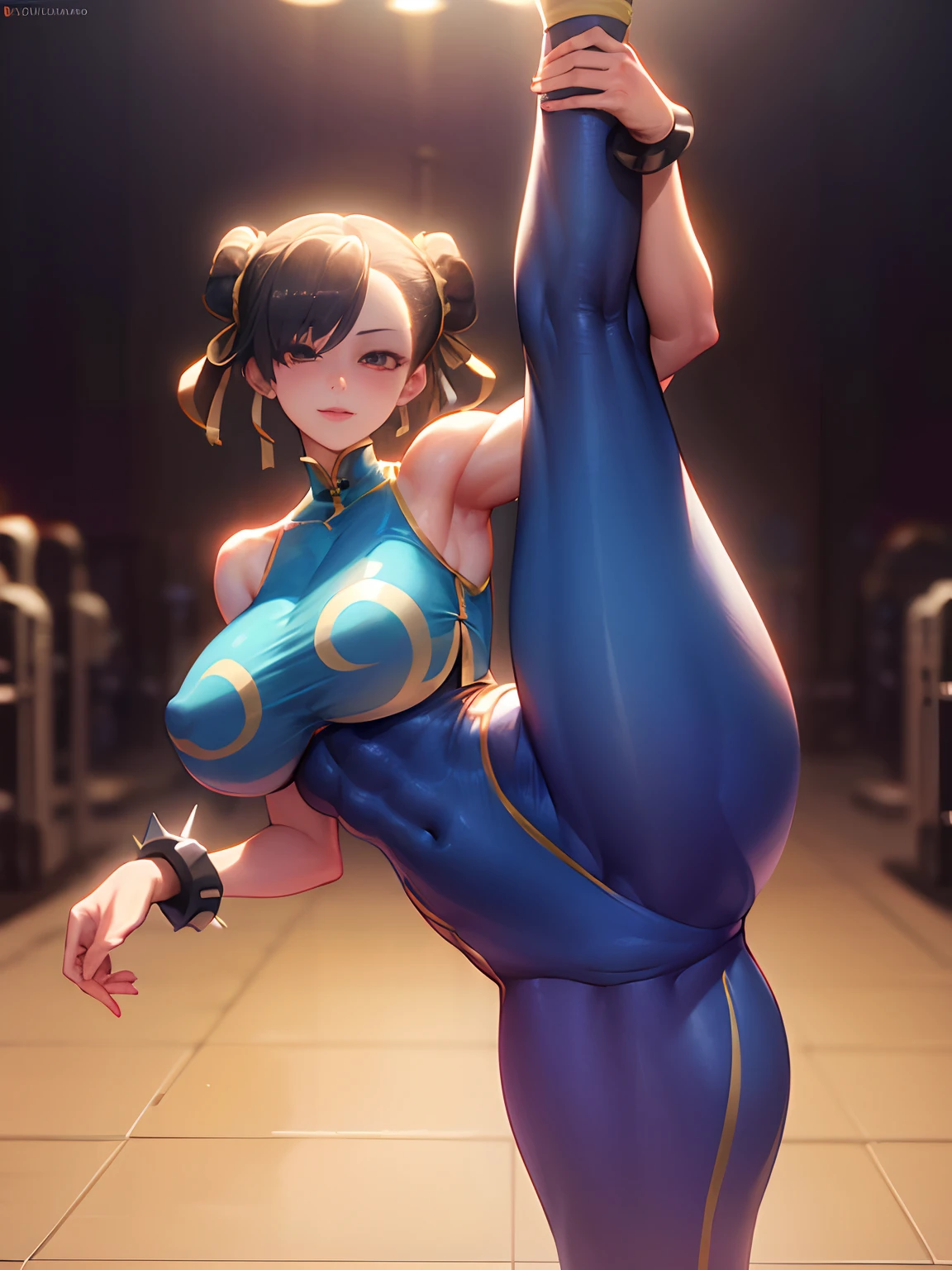 (masterpiece, best quality:1.4), (standing on one leg:1.2), (standing split:1.3), 1girl, solo, sfa chun, blue vest, unitard, blue pants, skintight, yellow ribbon, short hair, sneakers, bare shoulders, looking at viewer, beautifull smile, beautiful face, highly detailed face, highly detailed eyes, subsurface scattering, realistic pupils, full face blush, full lips, detailed background, depth of field, volumetric lighting, sharp focus, absurdres, realistic proportions, 16k hdr, fullbody, hand holding one leg up, street fighter, musclar, abs, flexible, gym, toned, musclar legs, detailed legs, detailed body