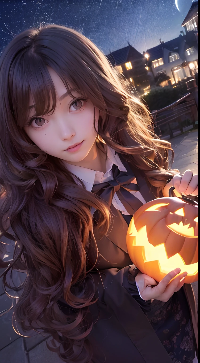 (hight resolution、hiquality、masutepiece、​masterpiece、hightquality)、独奏、17 age , cute little、japanes、1girl in, trick or treat, Halloween, jack-o-lanterns, Basket with lots of candy, (Halloween Costume:1.2), ((Dark Light Medium Shorthair:1.25, Upstyle, Wavy Hair)), (Fantastic background), (in night:2), ((Ultra High Resolution, 8k RAW photo, photographrealistic:1.2)), Fine detailed face, Beautiful detailed eyes, Super detailed smooth skin, (Looking away, Laughing, Surprising), (Correct anatomy:1.5), (Dutch Angle, Wide Shot:1.3), Dynamic Angle,action、random hair color、