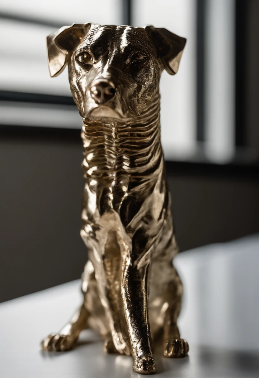 A metal dog bone-like stretch specimen,Its length is 5mm,The width is 1.41mm,The thickness is 10mm,It is placed on a stainless steel table,The background is a white wall,The light comes from the top left,Showing the full morphology of a dog bone-like tensile specimen of metal