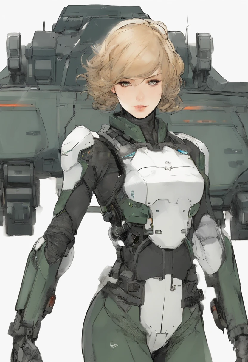 Female mech pilot, short detailed hair, (treatment), Multiple conceptual designs, concept design sheet, White background, Yoji Shinkawa's style - S 750 - Niji 5