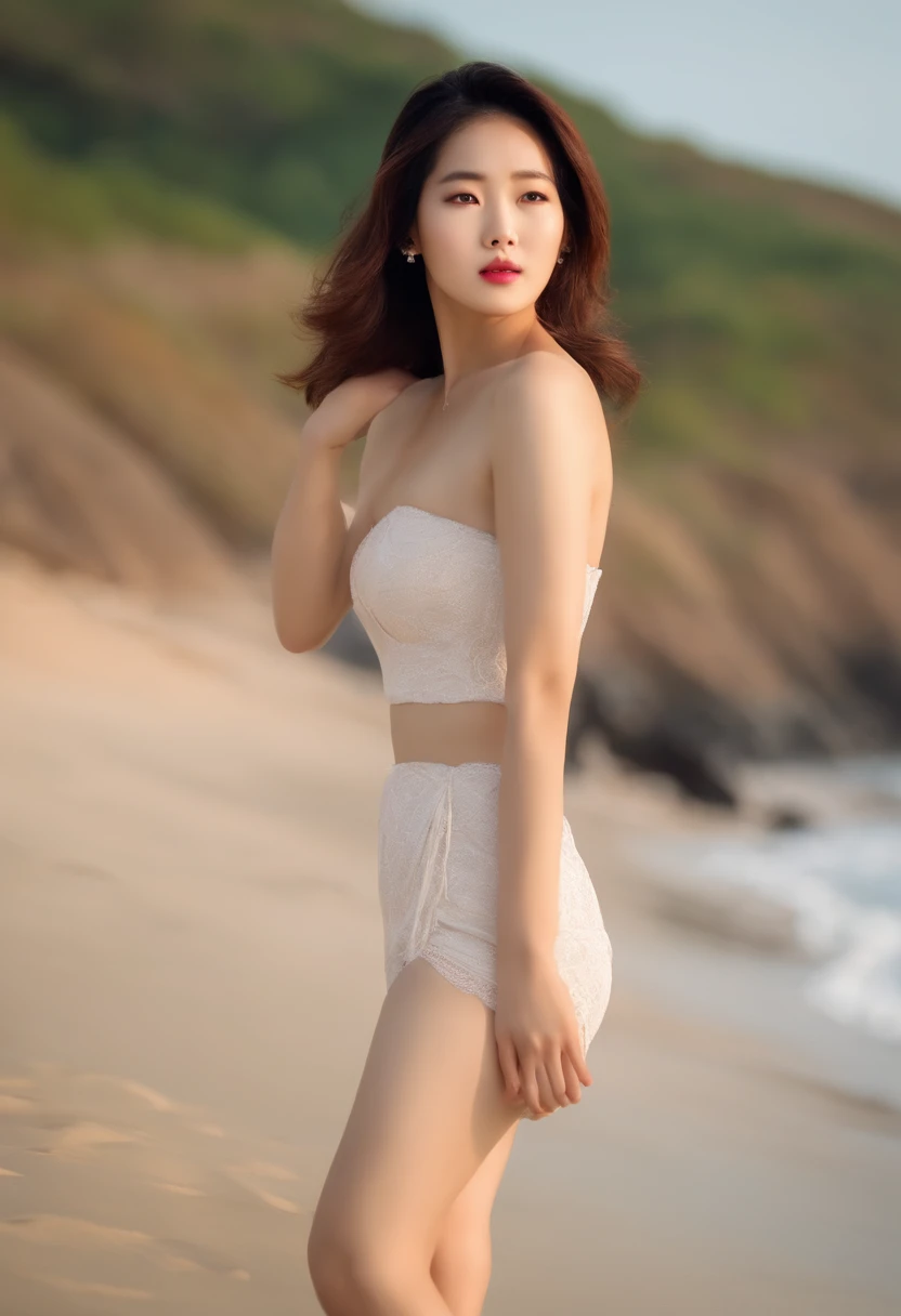 purgatory woman in white bikini posing on the beach, white bikini, gorgeous bikini model, gorgeous Chinese model, japanese model, korean model, white hot, swimsuit, hot with shining sun, japanese goddess, beautiful asian girl, voluptuous body with sexy belly, photorealistic perfect body, perfect body, wet swimsuit, brown hair and perfect body, smooth red skin, sexy body, breasts open, shiny skin, bright eyes