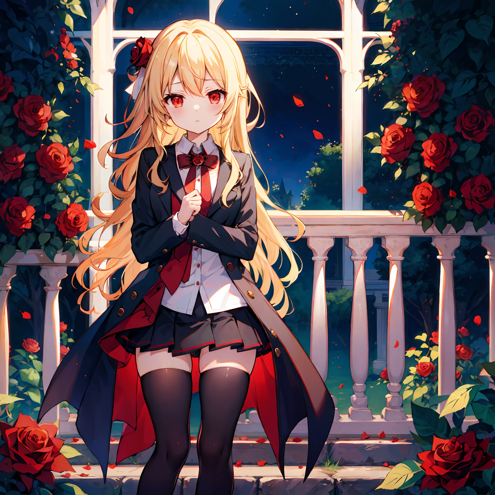 Wavy blonde、red eyes、Beautiful girl alone、a miniskirt、Black tights、rose garden、black panties
