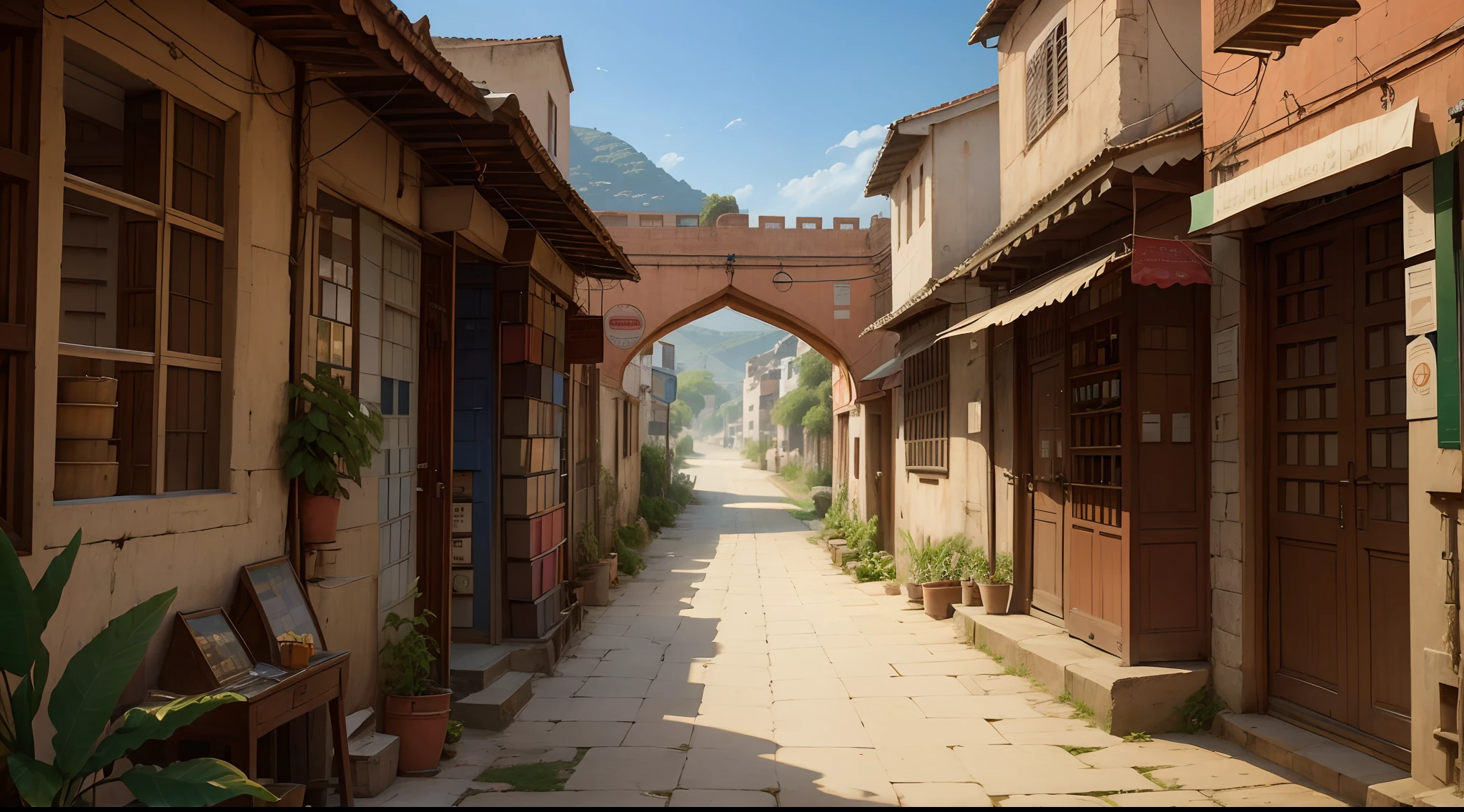 view from merchant's street of India, rural, Indian Kulturkreis, busy, entrepot of trade, prosperous, India, shops or stall or bazaar, afternoon, important port on trade routes, 5th century, ancient, no man, no woman, no girl, no boy, no person, no people, no boat, no ship, no asphalt road