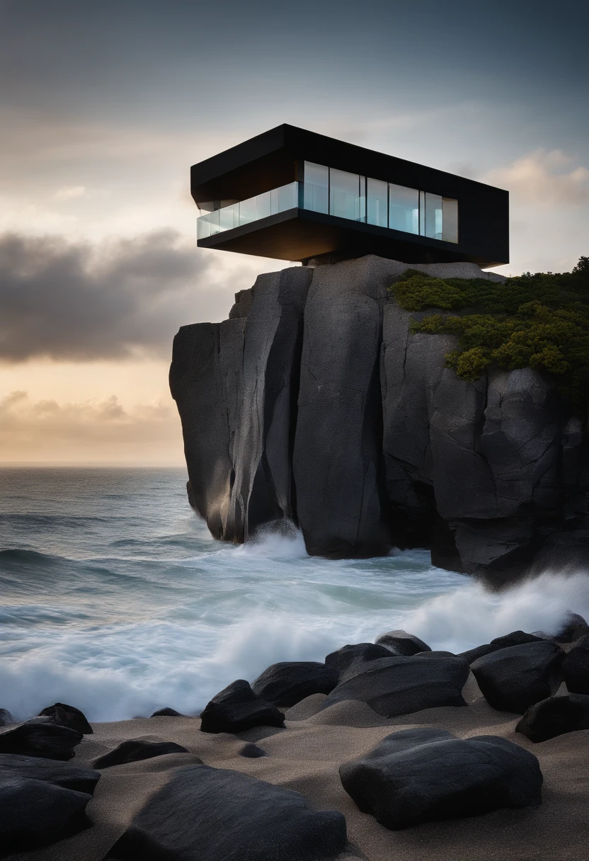 (8k, best quality) photo taken of a very high, dark granite cliff soaring, stretching along a white beach, end jutting into ocean. staircase from beach to cliff, viewed from the front. There is a modernist house, Saarinen, Le Corbusier, glass facade cube projecting out form the cliff. Atlantic Ocean. Award winning national geographic landscape, bright sky, tropical