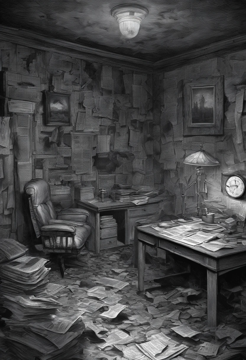 Generate an image of a small, cluttered room with a desk and a dimly lit lamp. The room should be filled with newspaper clippings, evidence photos, and investigative materials. The atmosphere should evoke a sense of mystery and tension.