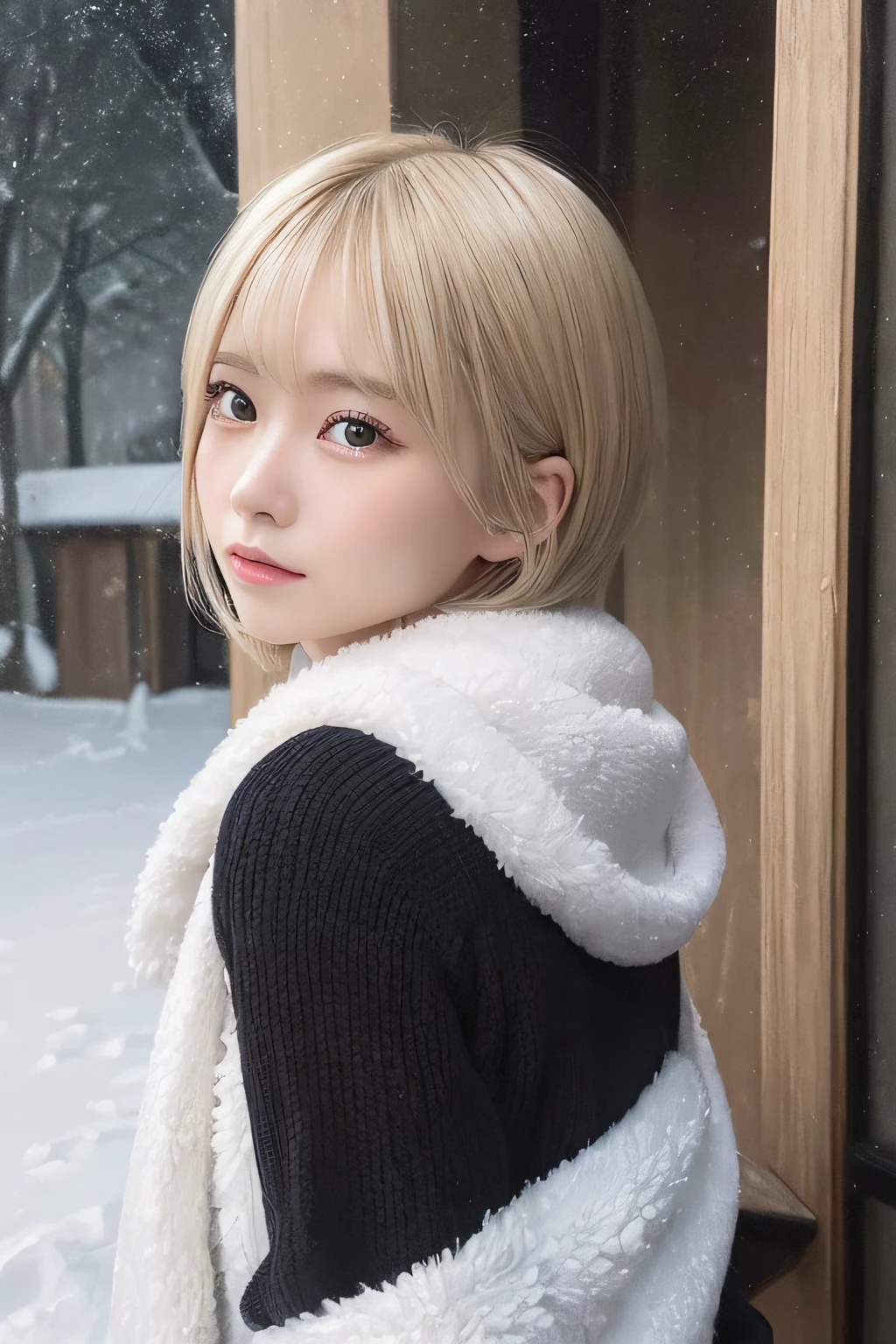 (Oil Painting, masutepiece, Best Quality, ultra-detailliert, Focus on character), short blonde hair, ([Back:0.8]|[ Backward face:1.1]), Serious face, ([Cold Scenario:1.2]|[ snowy background:1.3]| [High contrast:1.1])