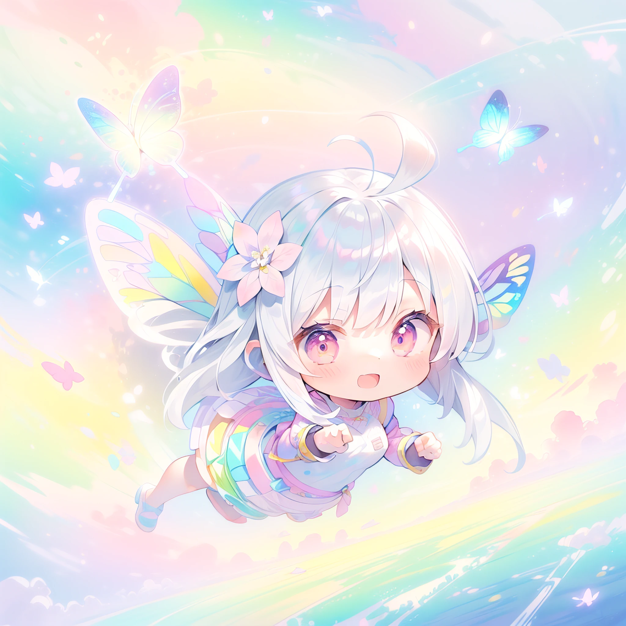 Colorful, (watercolor paiting:1.0), (Pastel colors:1.7), pale color, Lighten the lines, (((girl with))), (((Solo))), Happy, (((silverlong hair))), ((Butterfly wings)), (Floating in mid-air:1.4), flying though the air, Under no gravity, Full body, Ahoge, (((Deformed))), (((Chibi Character))), (((Aerial view of flowers)))