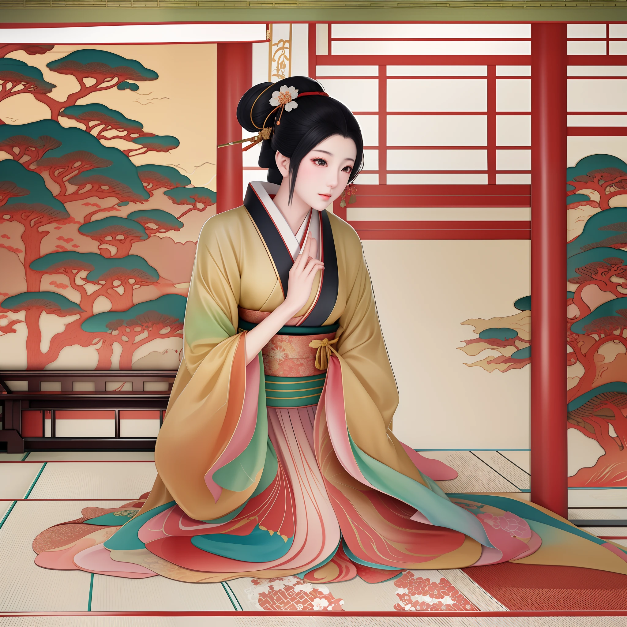 animations、Anime Characters、Woman in kimono sitting on carpet, inspired by Uemura Shōen, by Uemura Shōen, inspired by Tawaraya Sōtatsu, inspired by Torii Kiyonaga, classical japanese art, inspired by Kanō Motonobu, in the art style of ukiyo - e