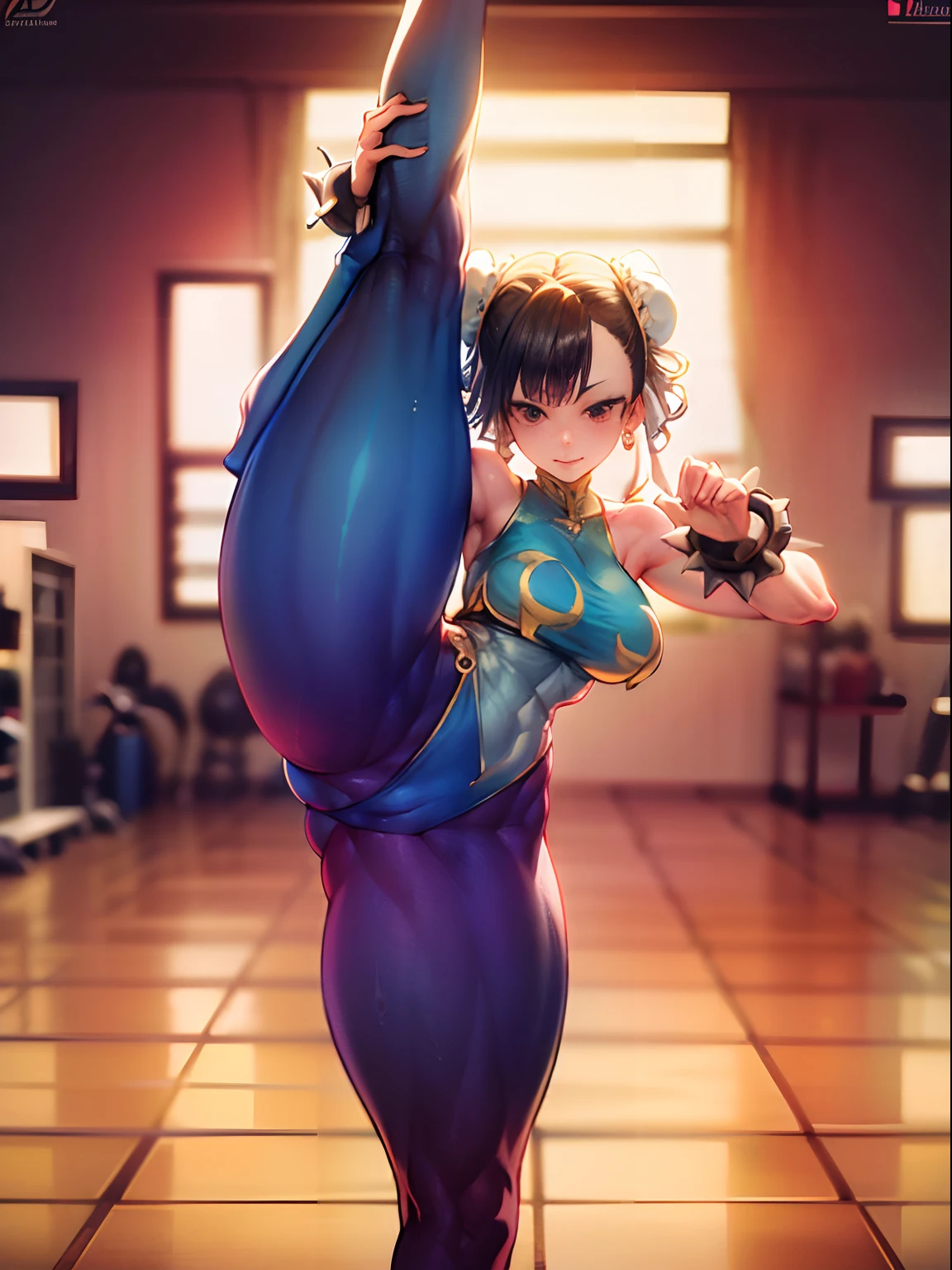 (masterpiece, best quality:1.4), (standing on one leg:1.2), (standing split:1.3), 1girl, solo, sfa chun, blue vest, unitard, blue pants, skintight, yellow ribbon, short hair, sneakers, bare shoulders, looking at viewer, beautifull smile, beautiful face, highly detailed face, highly detailed eyes, subsurface scattering, realistic pupils, full face blush, full lips, detailed background, depth of field, volumetric lighting, sharp focus, absurdres, realistic proportions, 16k hdr, fullbody, hand holding one leg up, street fighter, musclar, abs, flexible, gym, toned, musclar legs, detailed legs, detailed body