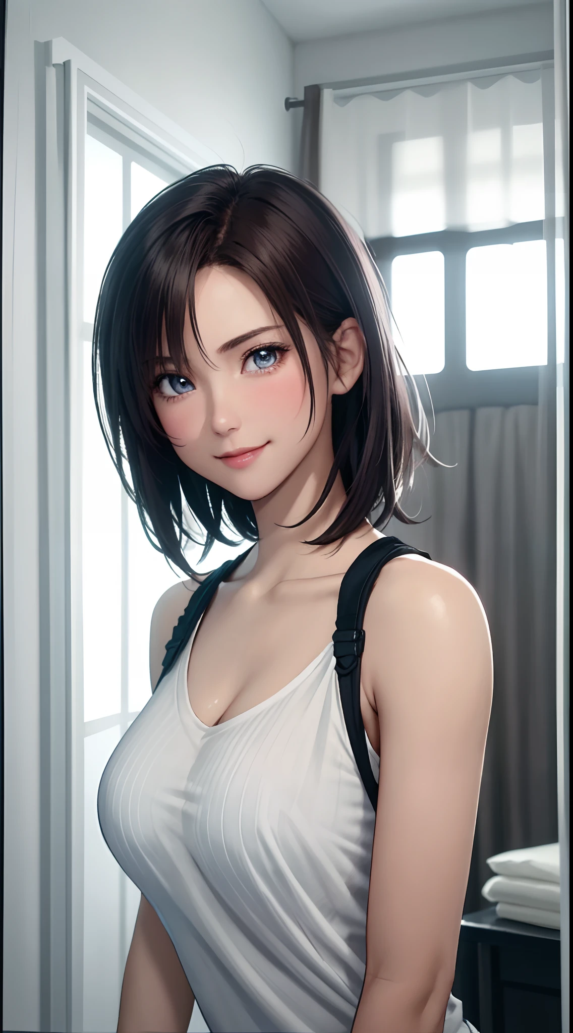 Best Quality, Ultra High Resolution, (Photorealistic: 1.4), Beautiful Eyes, Super Beautiful, Very Short Hair, Beautiful, Sweetheart, T-shirt with Rough Chest, Beautiful Soldier, Eyes That Invite Viewer, Lover's Perspective, Inviting Expression, Sexy Smile, Perfect Style, Perfect Balance, Detailed Skin, Naughty Gaze, Chest Visible