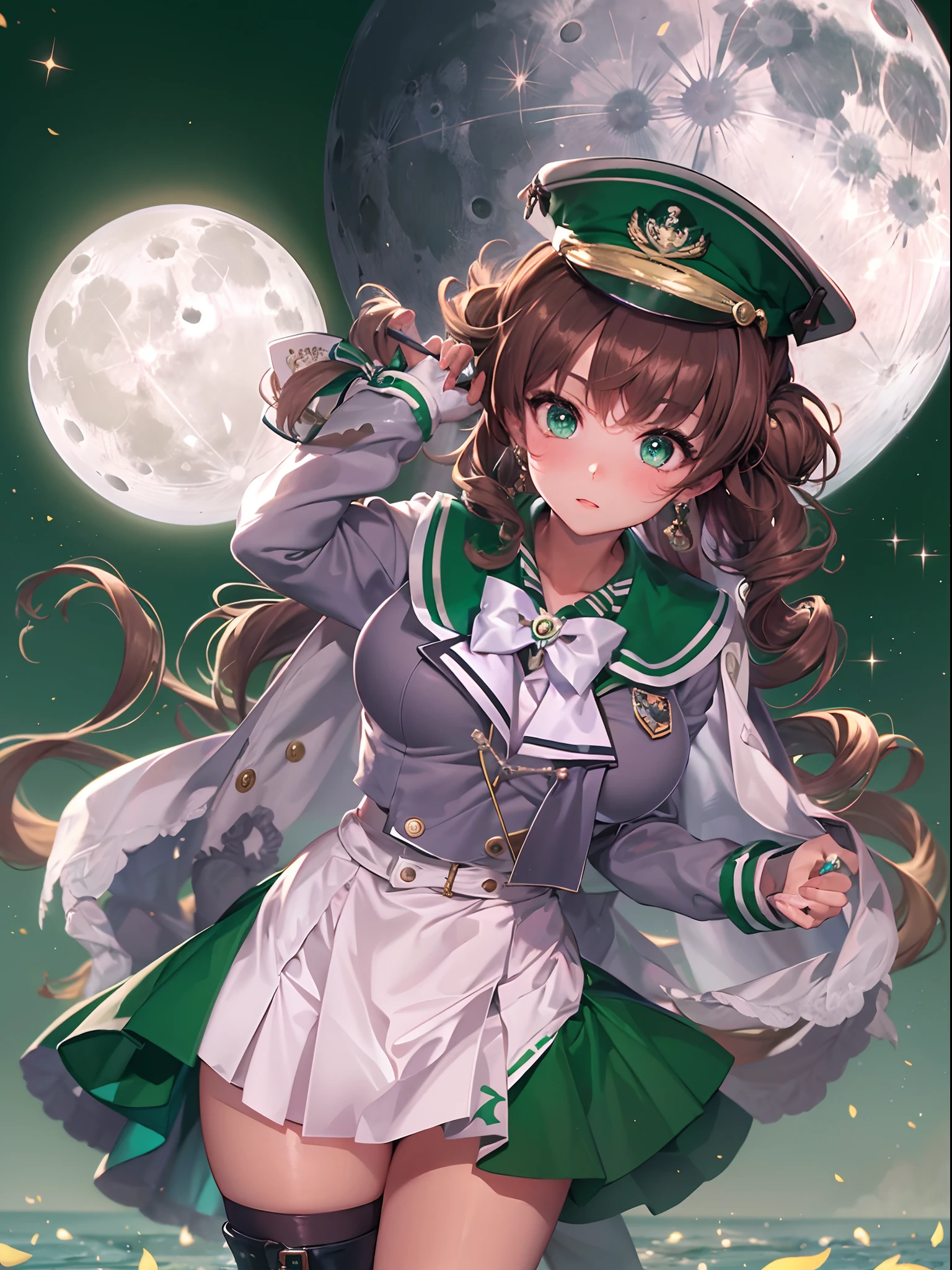 best quality,masterpiece,reality:0.8,1girl ,moonlight,under the moon,at night,cowboy shot,rich background,(Sailor Jupiter,)(Makoto Kino),Cocoa brown hair, emerald green pupils, (single ponytail), curly hair,sailor suit, magical girl, nymphomaniac, earrings, zettai ryouiki, gloves, gentle, short boots, huge breasts,bow tie, beautiful legs