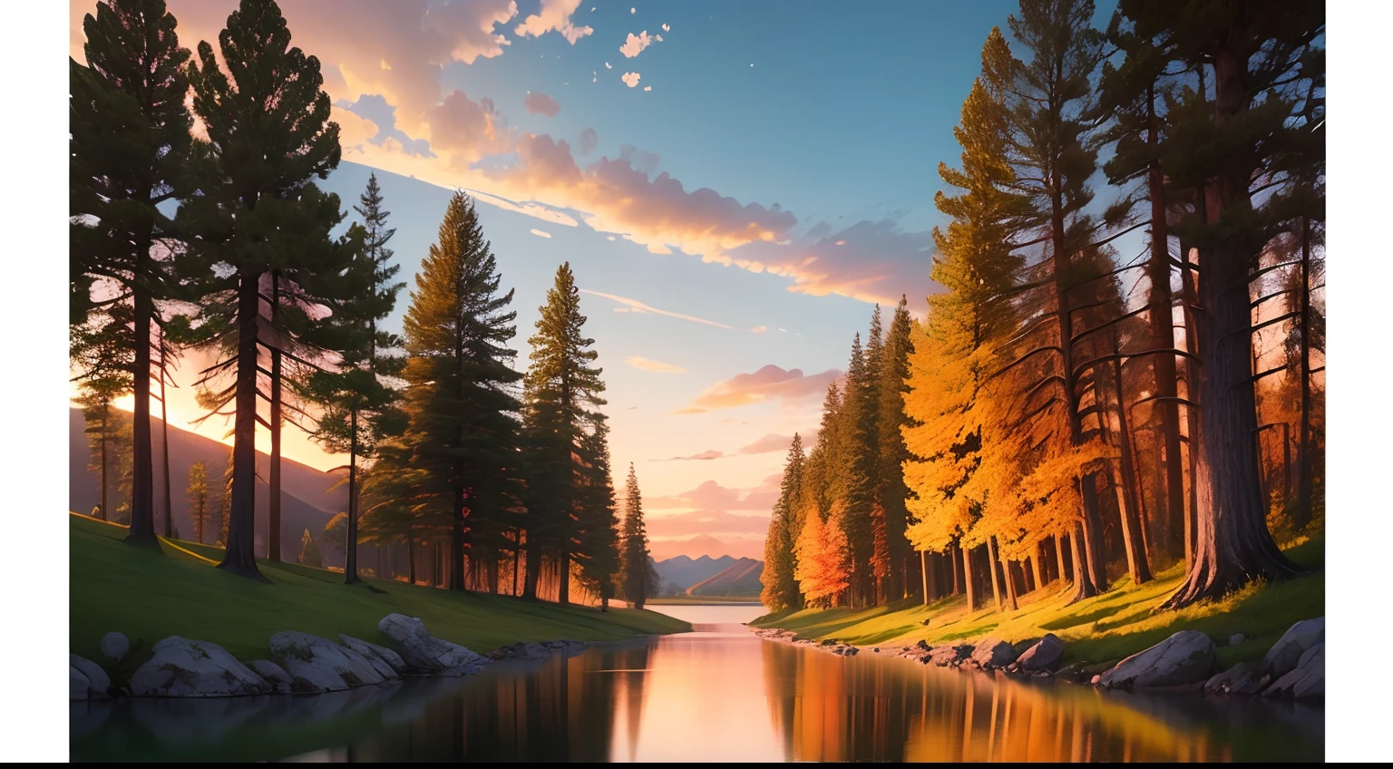 Create a high-definition image that captures the serenity of nature in its splendor. The scene should highlight a magnificent sunset, Painting the sky with warm shades of orange and pink. A body of water reflecting the majesty of the sky and a lush landscape that stretches as far as the eye can see. Add natural elements like majestic trees and wildflowers to emphasize the harmony between man and nature. The image should evoke a sense of peace and admiration for natural beauty