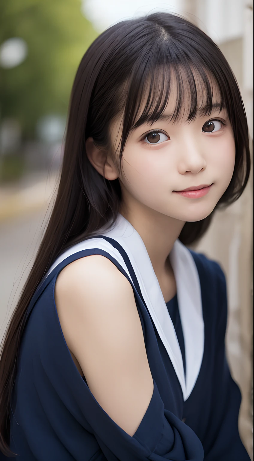 masutepiece, Best Quality, 8K, 8years old, Teen, Raw photo, absurderes, award winning portrait, Smile, Solo,  Idol face, violaceaess, Delicate girl, Upper body, Digital SLR, Looking at Viewer, Candid, Sophisticated,Thin arms, Professional Lighting, Film grain, chromatic abberation, (Eyes and faces with detailed:1.0), (Bokeh:1.1) , (Sailor Uniform,pinafore:1.1) , closes mouth , a bed