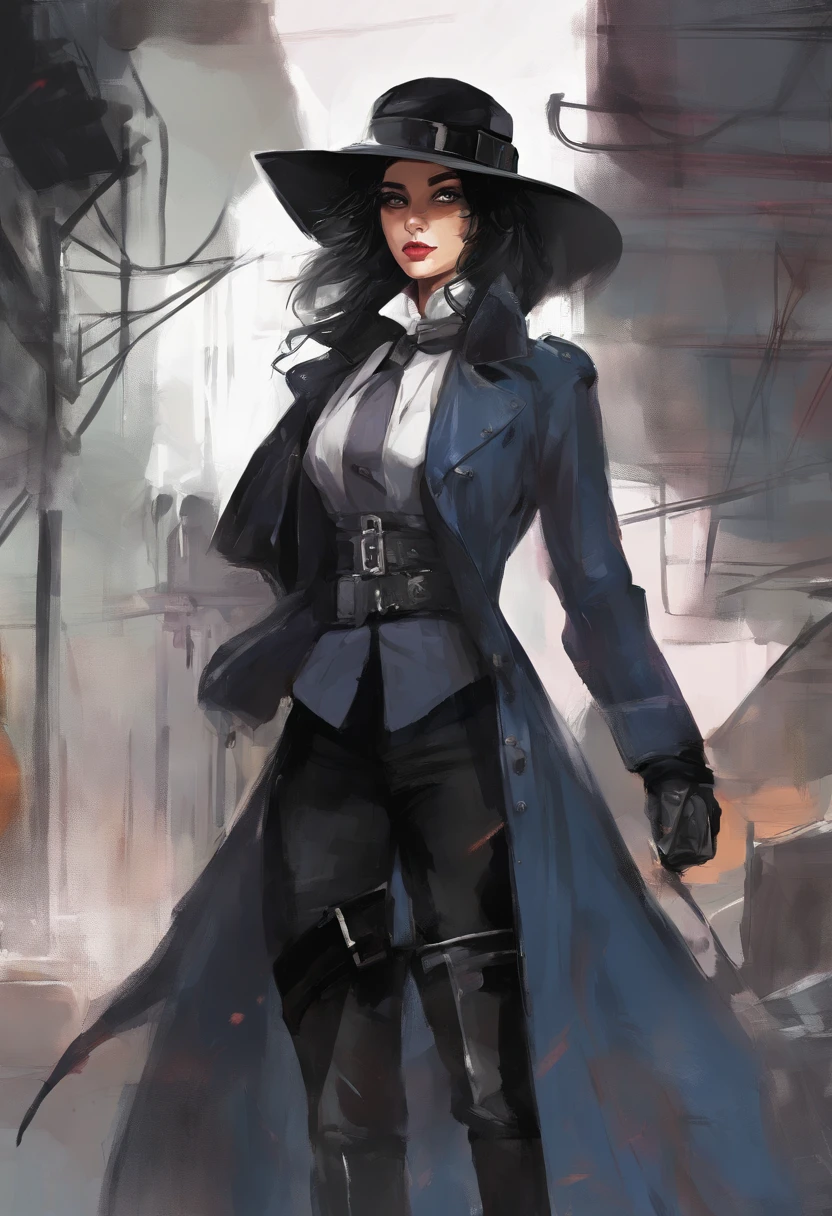 full body British women, blue eyes, black hair, wear a classic black round hat, white shirt, dark long jacket, a belt with silver buckle, dark leather trousers, black boot, she bring a leather bag in her left hand, she is serious woman with big ambition, she live in British industrial era,