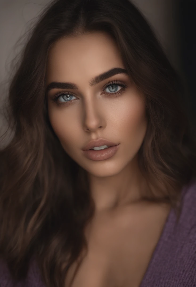 Arafed woman completely , fille sexy aux yeux bruns, ultra realist, Meticulously detailed, Portrait Sophie Mudd, cheveux bruns et grands yeux, selfie of a young woman, Yeux de chambre, Violet Myers, sans maquillage, maquillage naturel, looking straight at camera, Visage avec Artgram, Maquillage subtil, Great photo of the whole body kneeling on the bed, dans la chambre, Medium to large bust