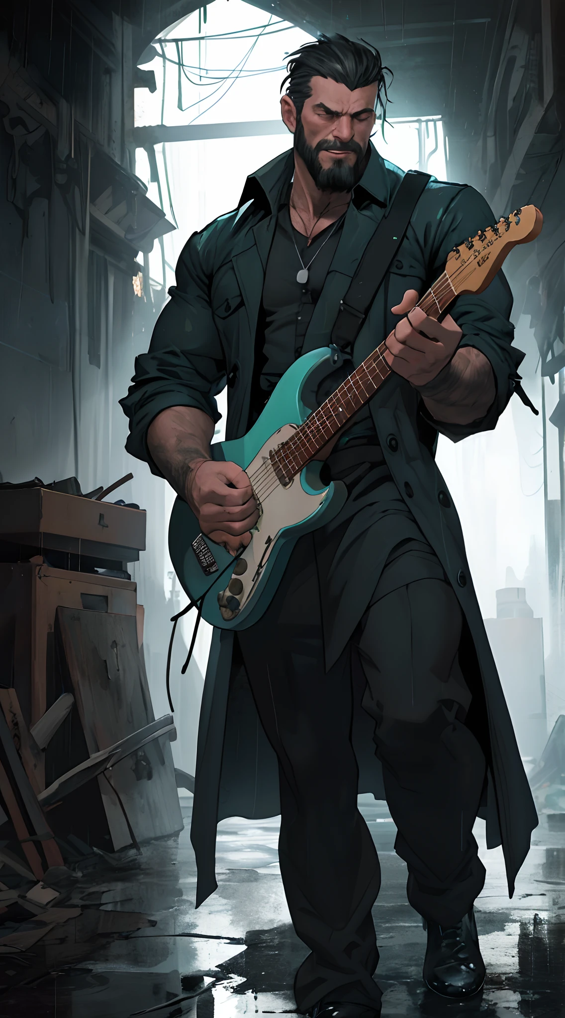 There is a man playing the electric guitar on room of ruin, it rains and smoky, midnight blue neon fog, broken glass flame, bonfire of drums are there, he gets wet in the rain, droplets, gigachad muscles, wearing a shoulder-padded dark deep green trench coat, wearing black dress shirt as inner, muscular men , male art, Eric Clapton, Commission for high resolution, Very heavy vignette!!!,hard ,Nothing is worn, slight laugh,veiny muscles,,shaggy lumpy body,Silver Plate Tag Necklace,Dad with extreme muscle mass,Black little long shaved side hair,Cropped beard face, little laugh, Around 50 years old,tanned brown skin,ultra-detailliert,High quality,Realistic and smooth skin texture,Photorealistic Dandy Guy,Light and shadow