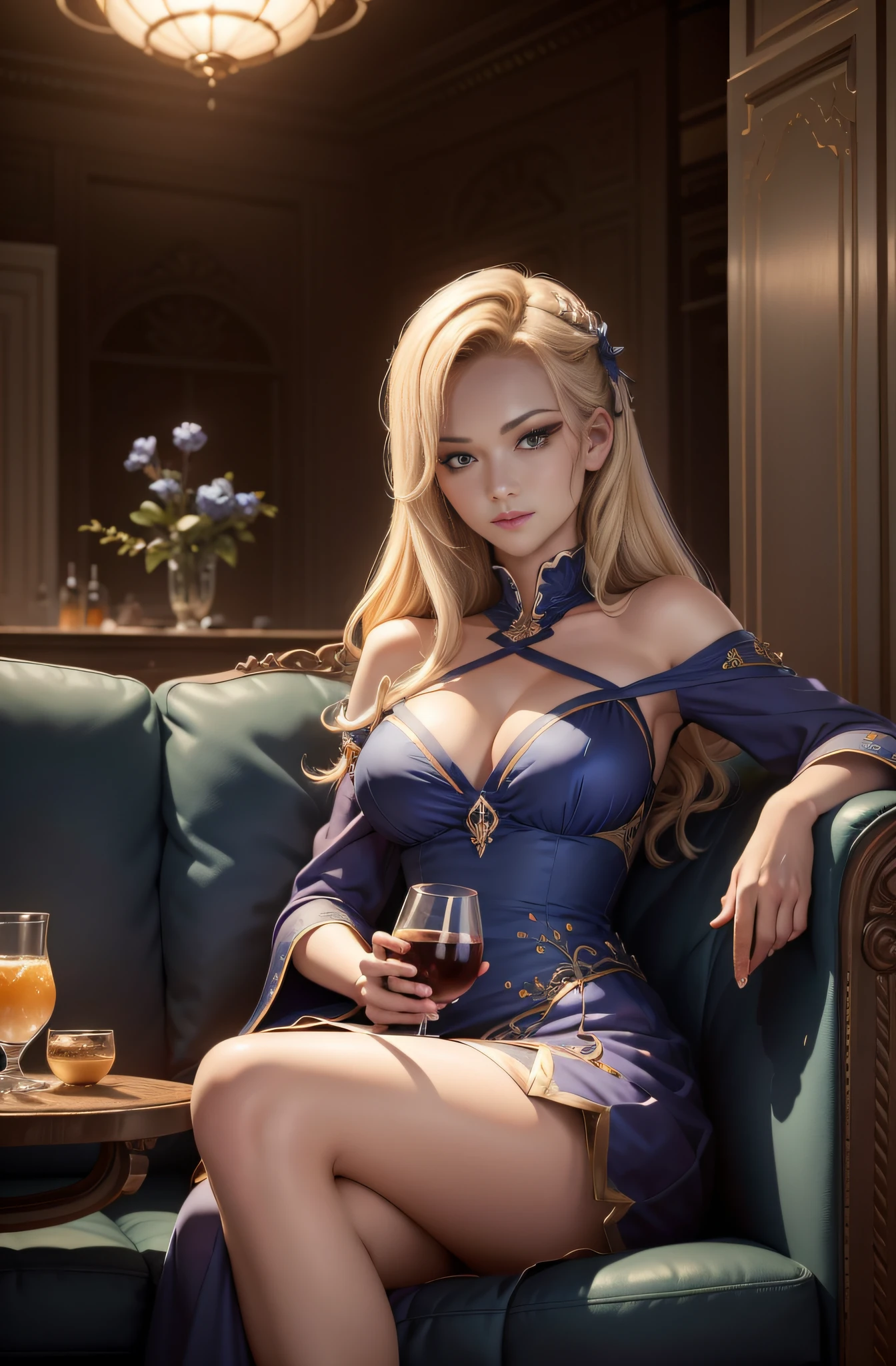 Nardack-Stil, Blonde Frau im blauen Kleid sitzt auf Sofa und trinkt ein Glas Wein, Beautiful and seductive anime woman,Schauen Sie in die Kamera, Balkenhintergrund，Extrem detaillierter Artgerm, tmasterpiece, Anime-Illustration,  Hohe Detailgenauigkeit,  Einen Drink trinken