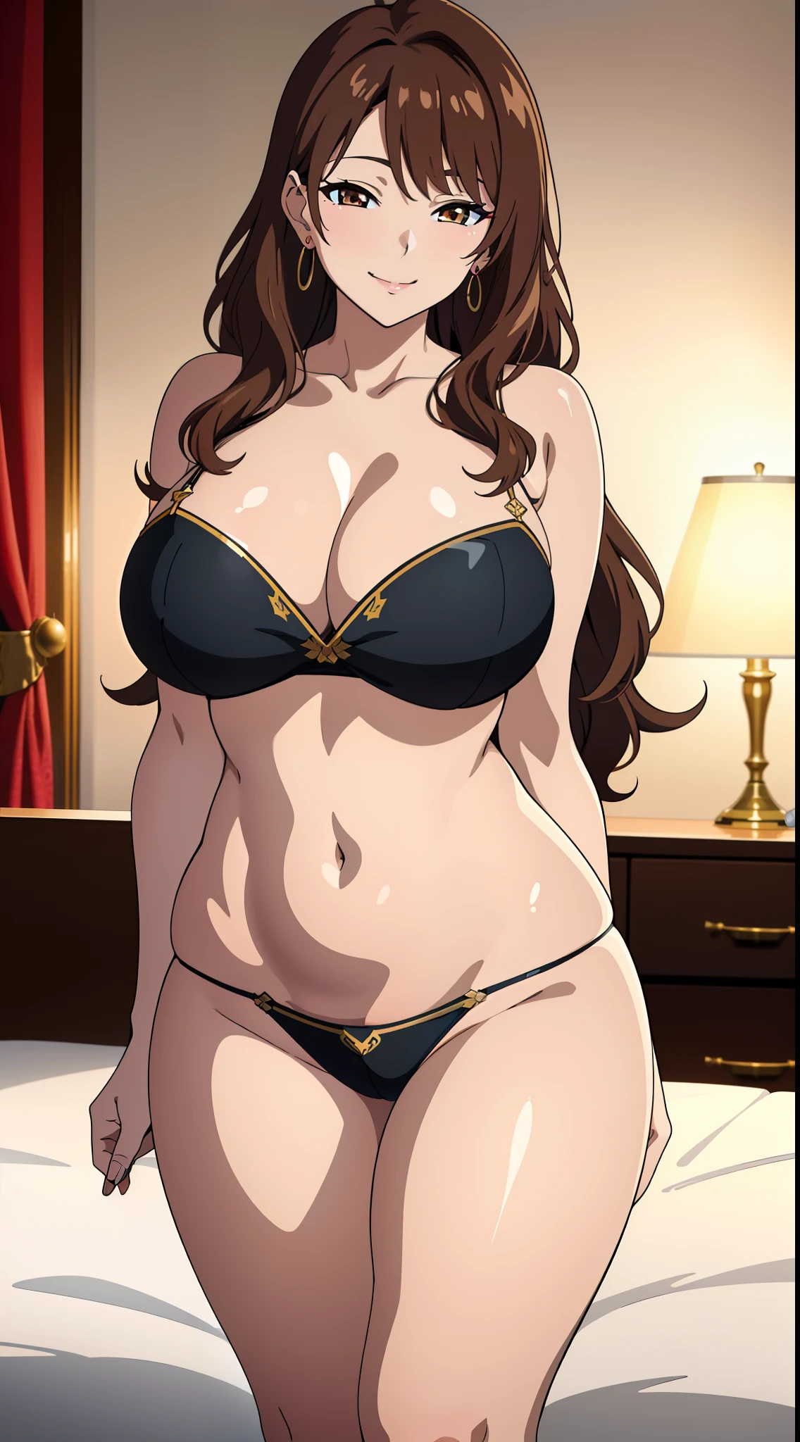 (best quality:1.5, highres, UHD, 4K, detailed lighting, shaders), brown wavy hair, busty, thighs, earrings, (pov, close shot), lewd, sexy, erotic, ecchi, hentai model, model, nsfw, seductive pose, , smiling, hot, bedroom background, night