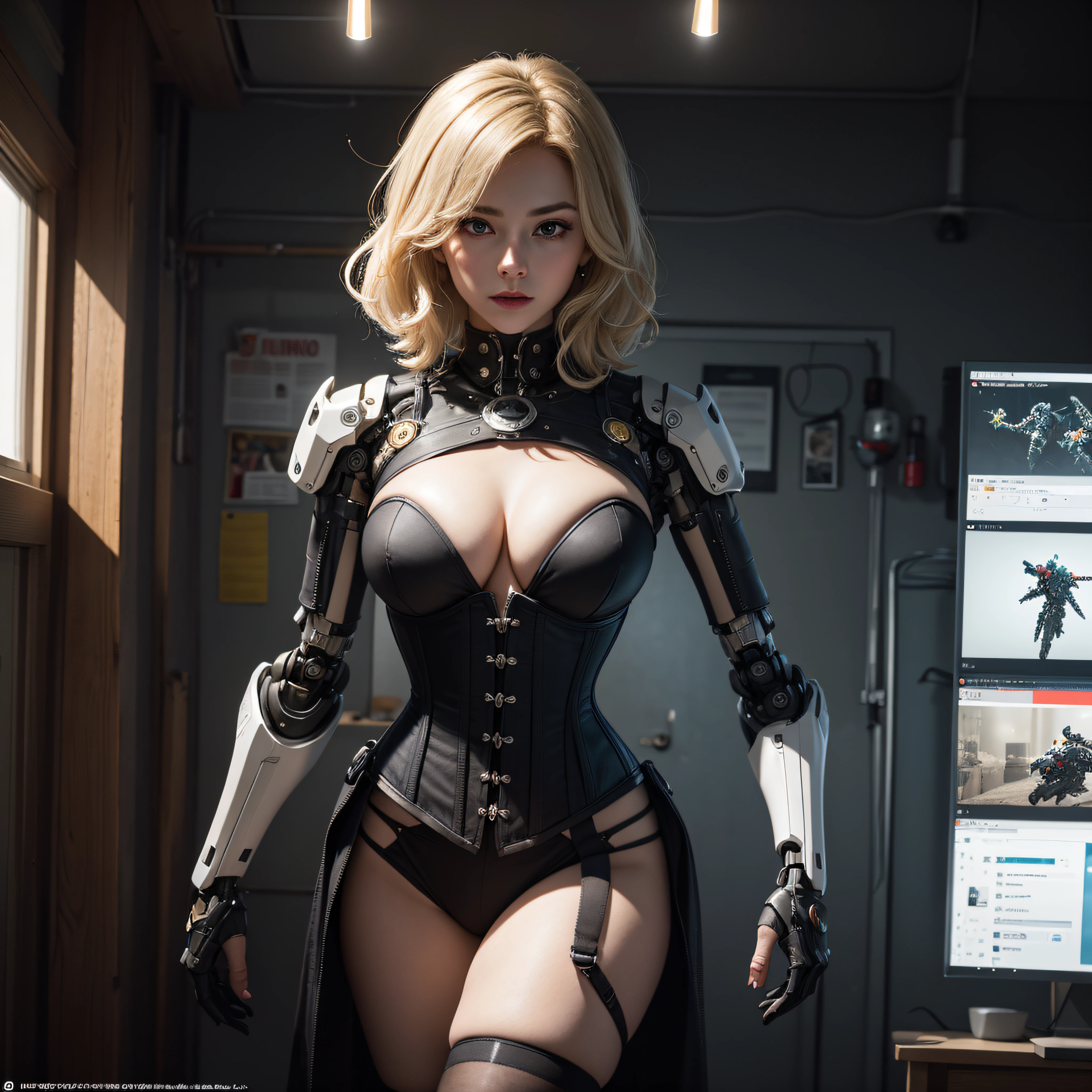 ((calidad superior)), ((obra maestra)), ((realista)), (Los detalles), (fotorrealista:1.5), puppet, marioneta de nadera humanoides tendidos en un piso de concreto, Science-Fiction, HDR, Trazado de rayos, NVIDIA RTX, Los ultra-Highres, Irreal 5, Sub-Surface Scatterring, PBR texturizado, Post-procesamiento, Anisotropic filtering, Profundidad de campos, maximum sharpness and sharpness, Regla de los tercios、8K RAW、(Luminescent Particles:1.4)、(super-detailed CG、Unidad 8k Fondos de pantalla、lighting like a movie、destello de lente、foco nítido. Blonde girl with corset, Robotic Parts, Cannons, Armas, pistola, Arte cyberpunk、arquitectura cyberpunk