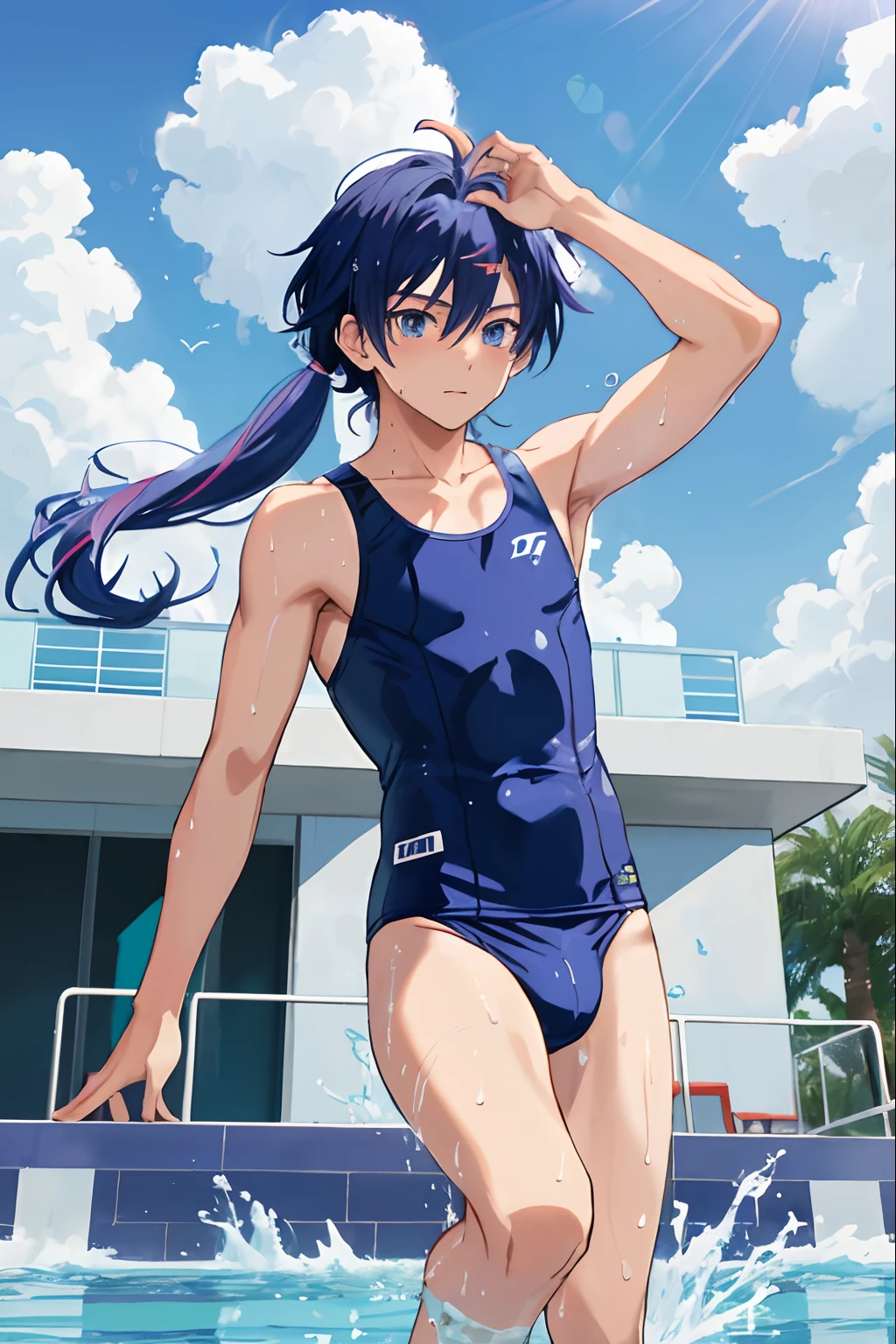 Anime boy in swimsuit jumps into pool, Boy with long purple hair, Boy with long blue hair, Blue-eyed boy, onepiece swimsuit, School swim wear, Anime boy walking on water, wearing a swimming wear, garments:High-cut swimwear, Splashing, Highleg School Swimwear, Cool anime boy in a navy blue tanksuit, marin kitagawa fanart, On the water, School Swimwear, splash water, Swimming, highleg, Bare shoulders, bare legs,